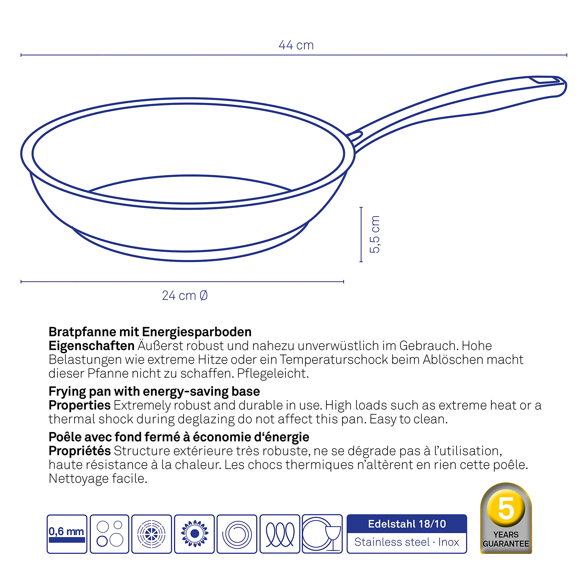Bratpfanne aus Edelstahl mit Energiesparboden, 24 cm Durchmesser, 5,5 cm Höhe, 44 cm Gesamtlänge mit Griff