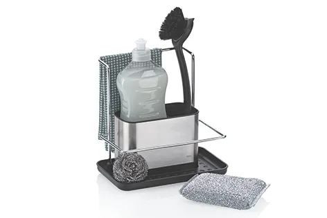 Spülorganizer Edelstahl mit Spülmittelspender und Küchenzubehör Set Spülorganizer aus Edelstahl mit Spülmittelspender, Lappen, Bürste, Schwamm und Scheuerschwamm
