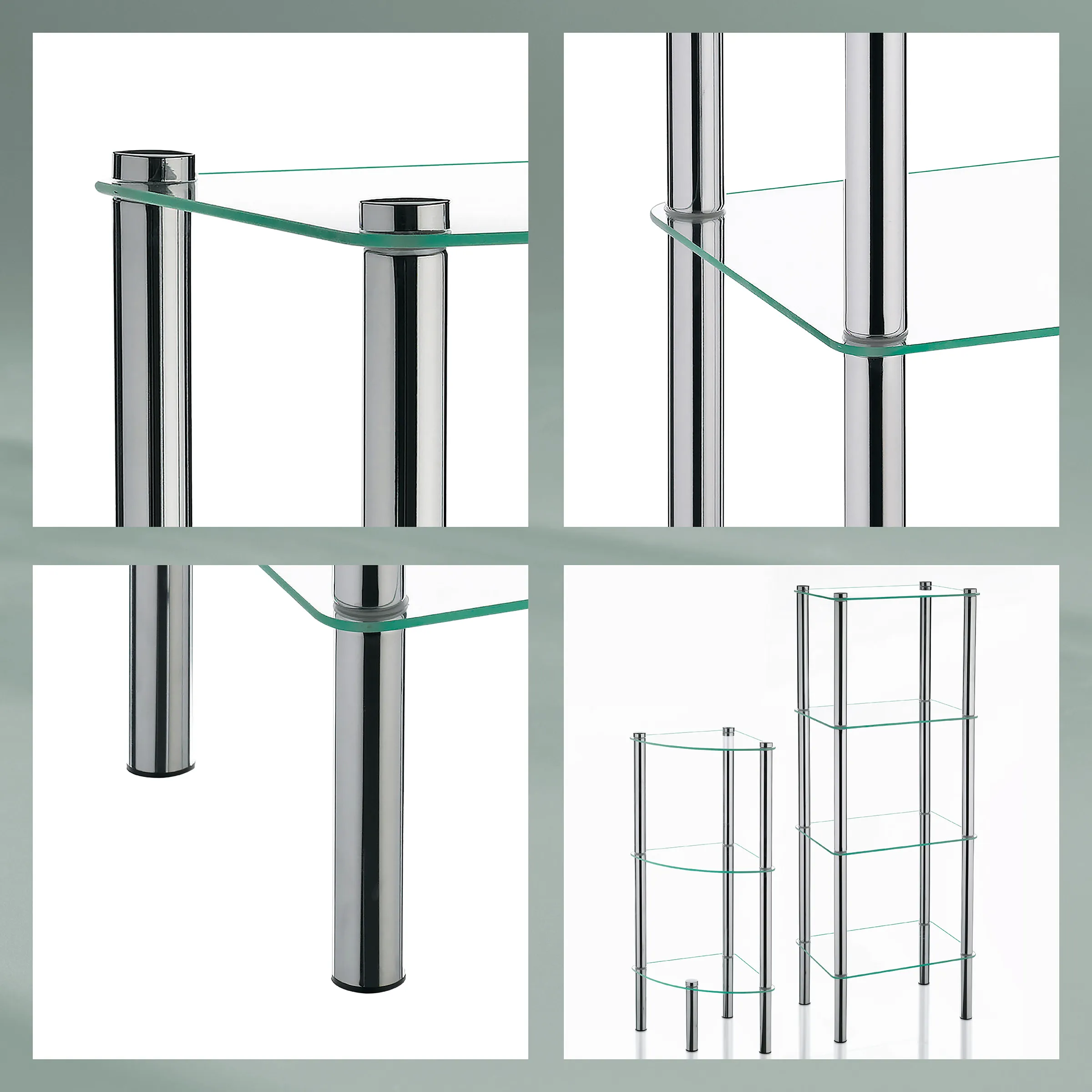 Modernes Glasregal-System mit verchromten Metallstützen und Glasböden in verschiedenen Detailansichten