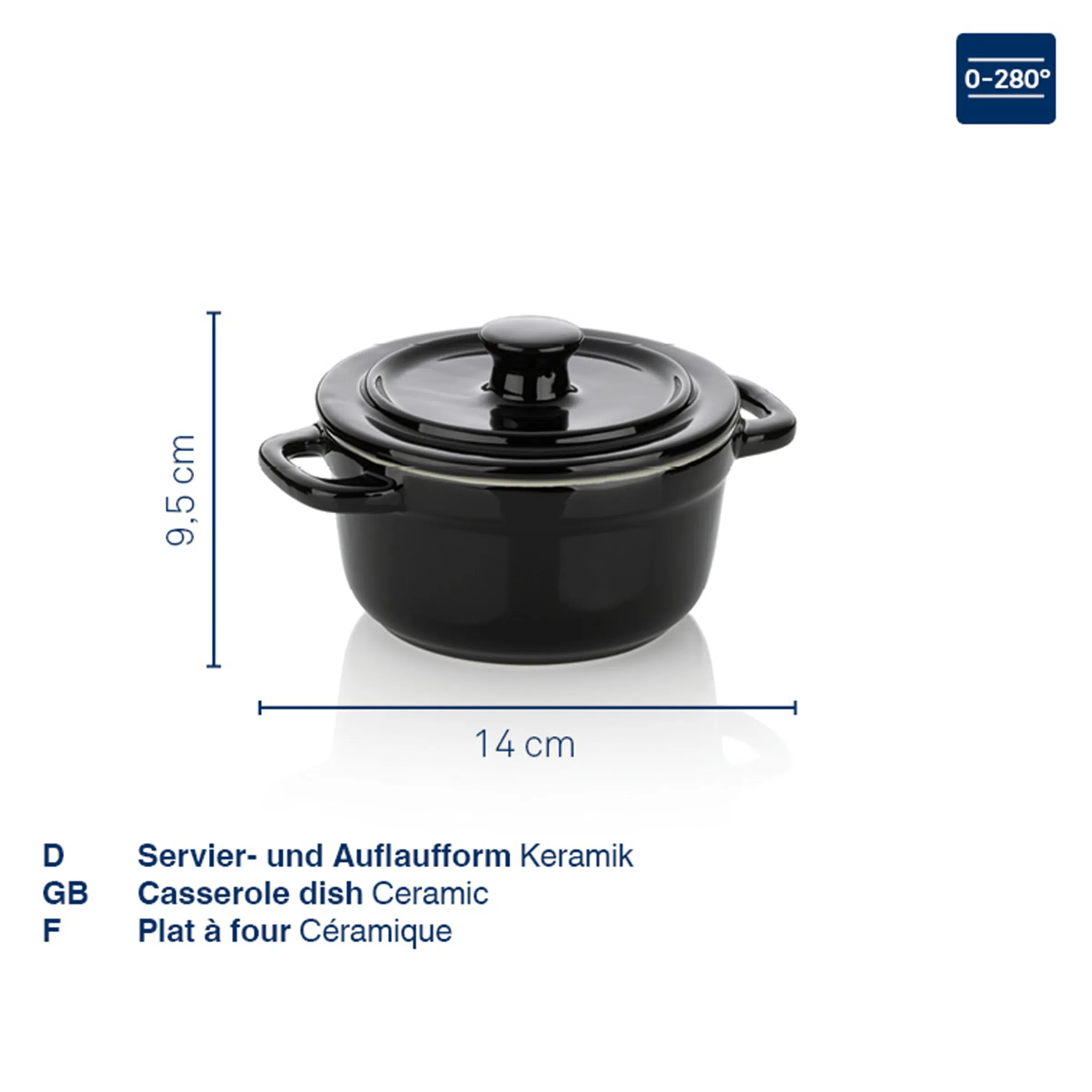 Keramik Serviertopf mit Deckel schwarz 14cm - Hitzebeständig bis 280°C Schwarzer Keramik-Serviertopf mit Deckel und zwei Griffen, 14 cm Durchmesser, 9,5 cm Höhe, hitzebeständig 0-280°C