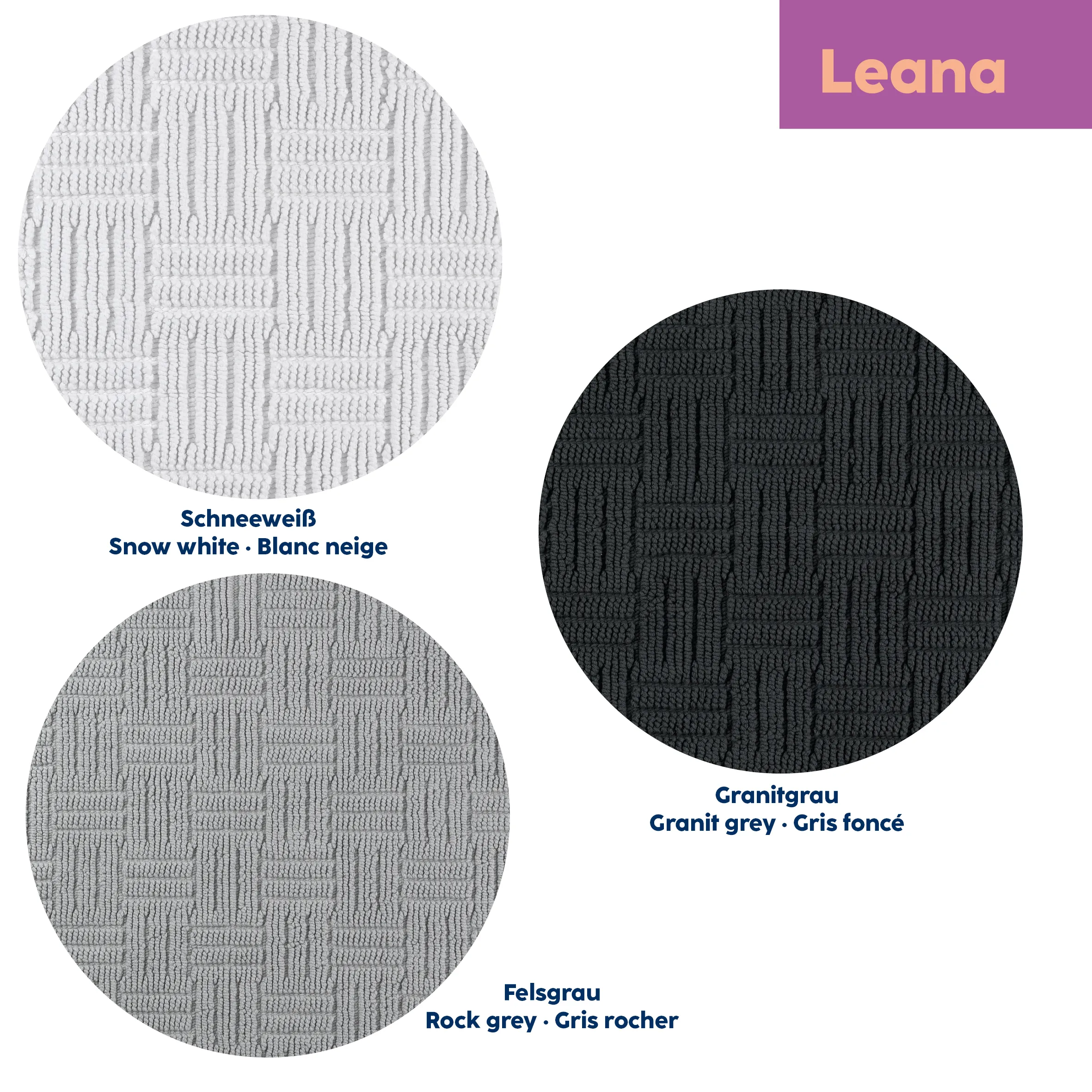 Leana Stoff Farbmuster - Schneeweiß, Felsgrau, Granitgrau Leana Stoffmuster in drei Farben: Schneeweiß, Felsgrau und Granitgrau mit Textilstruktur