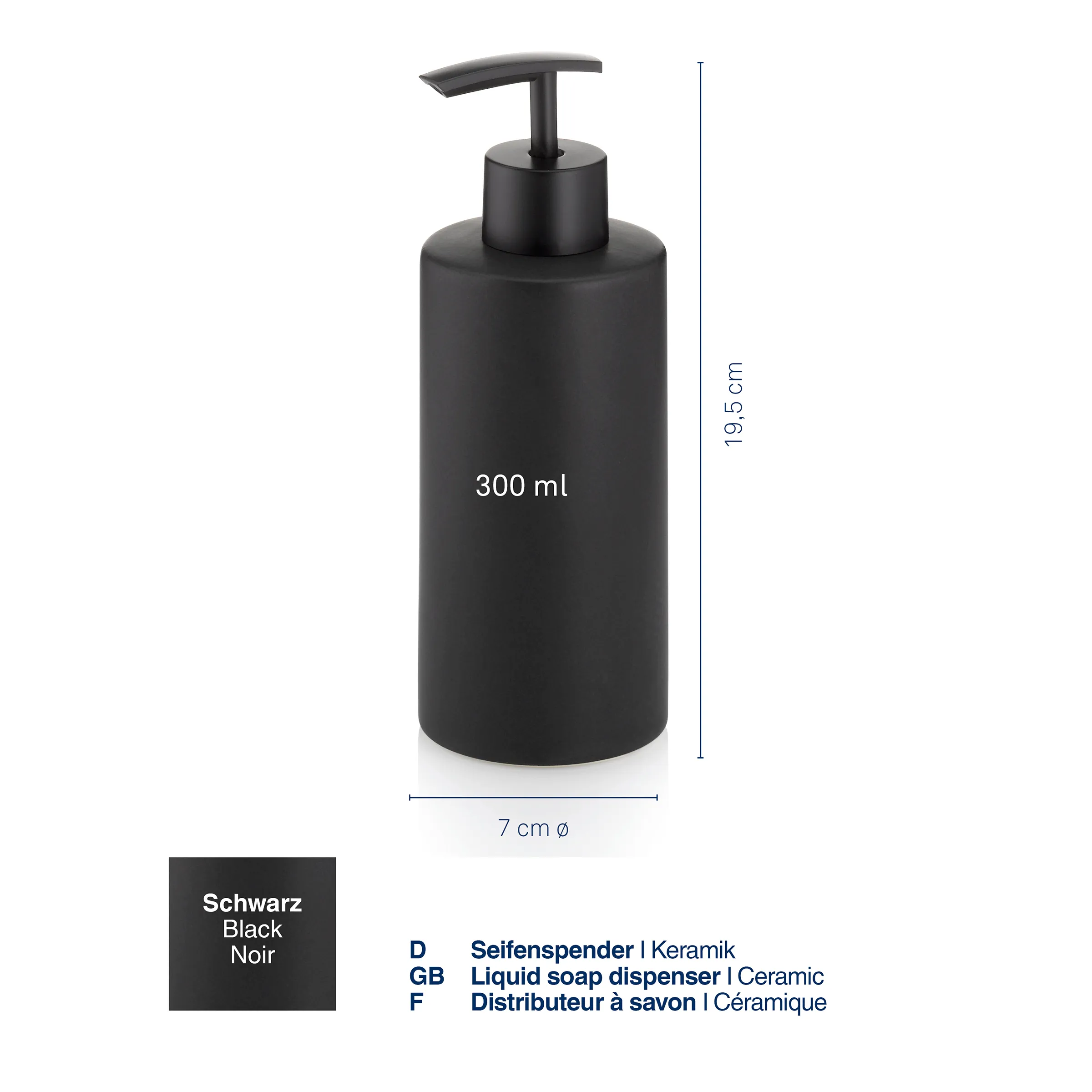 Seifenspender Keramik schwarz 300ml Schwarzer Seifenspender aus Keramik, 300 ml, 19,5 cm hoch, 7 cm Durchmesser mit Pumpaufsatz