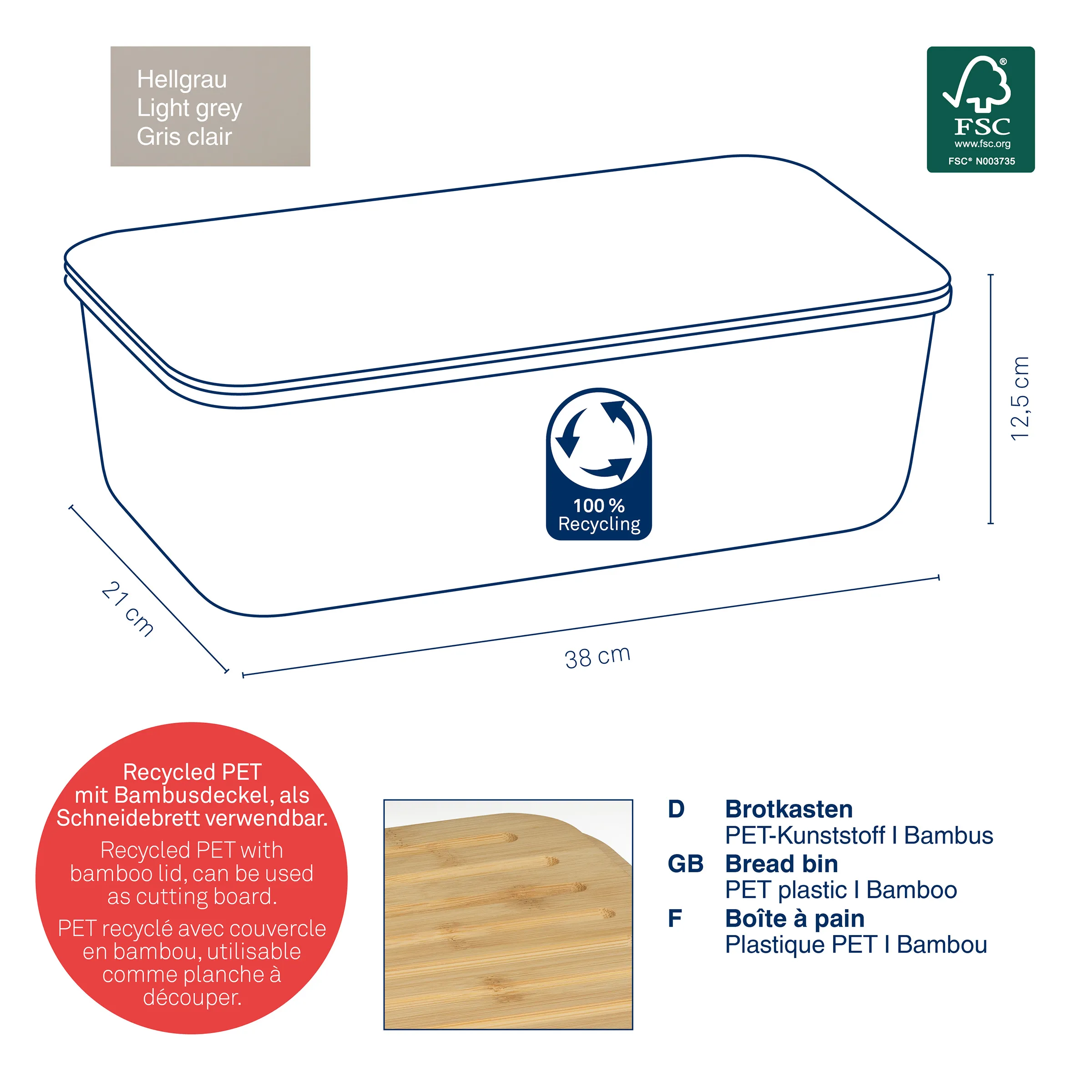 Brotkasten PET Bambus recycelt Hellgrauer Brotkasten aus recyceltem PET und Bambus mit Deckel, Maße 38×27×12,5 cm, FSC-zertifiziert.