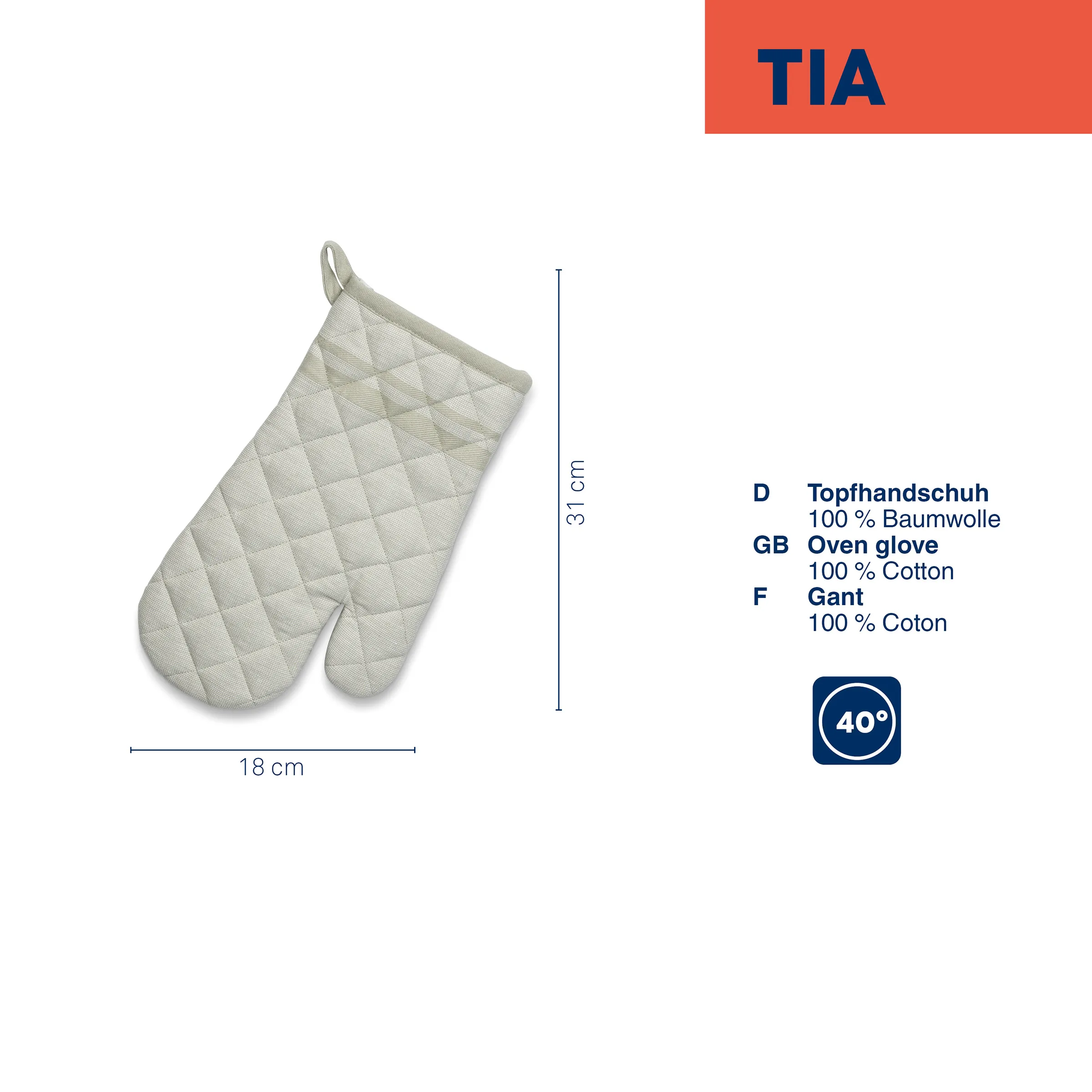 Topfhandschuh 100% Baumwolle beige – Ofenhandschuh gesteppt 31 cm Beiger Topfhandschuh aus 100% Baumwolle mit Steppung, 31x18 cm, hitzebeständig bis 40°C