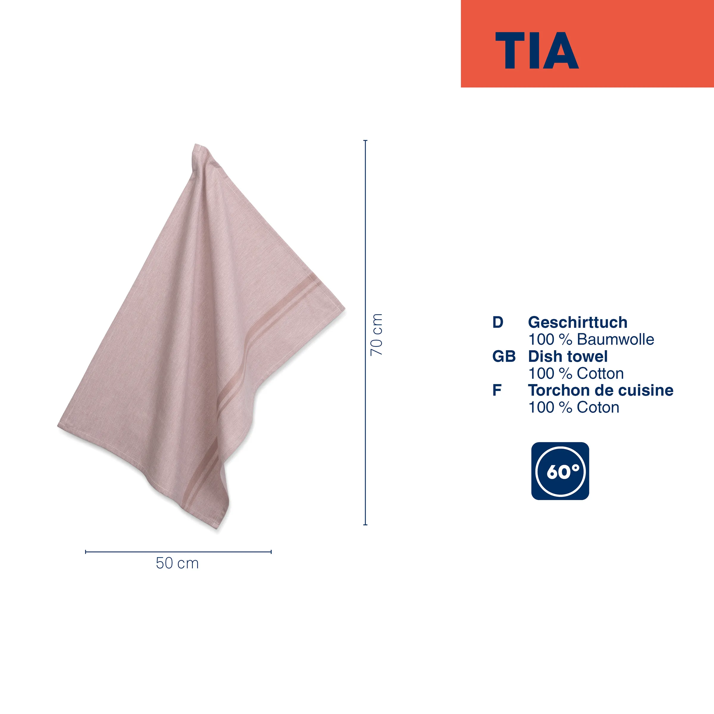 Geschirrtuch 100% Baumwolle rosa 50x70cm – TIA Küchentuch Rosafarbenes Geschirrtuch aus 100% Baumwolle, 50x70 cm, mit TIA-Logo