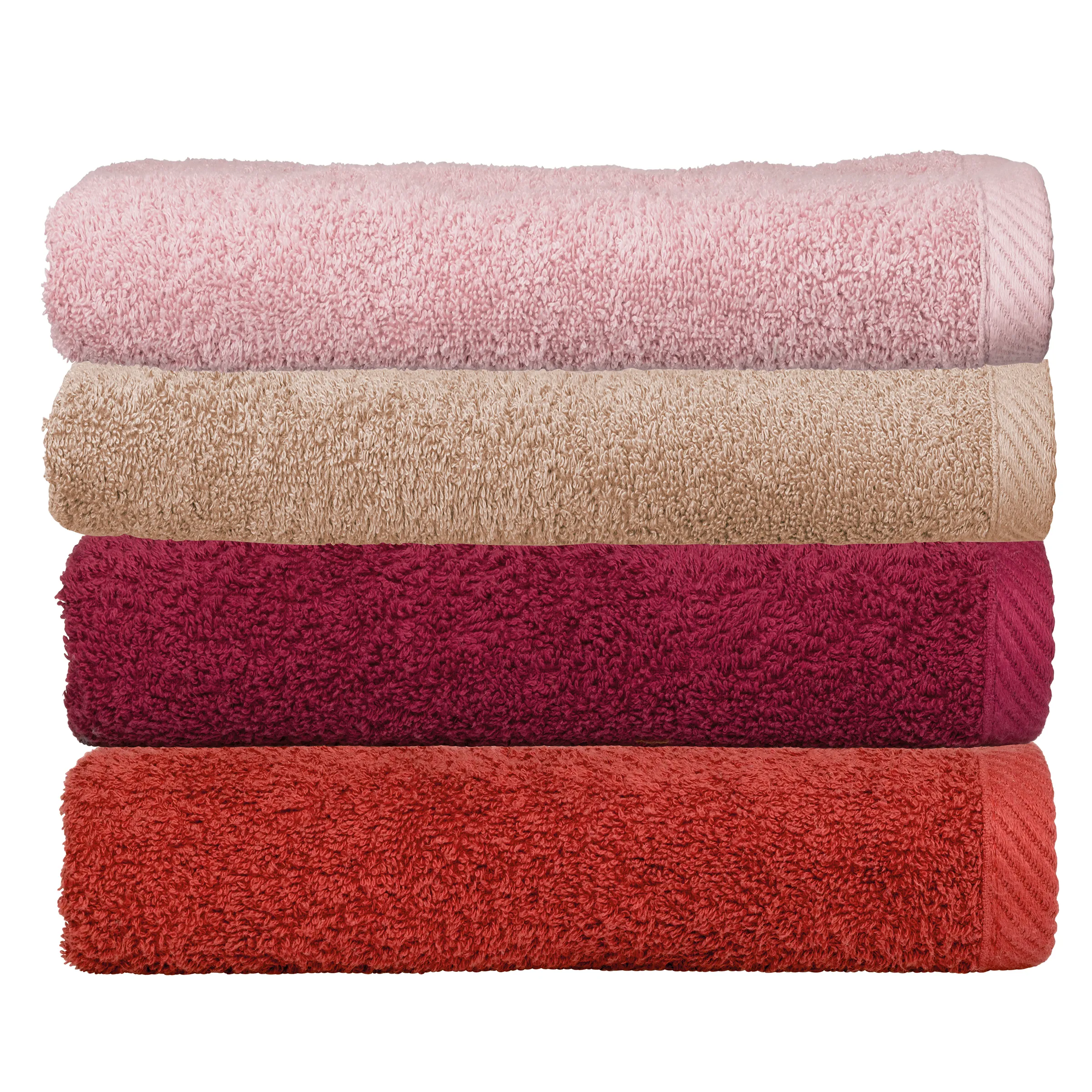 Gestapelte Handtücher in rosa, beige, bordeaux und orangerot, weiche Frottierware mit strukturierter Oberfläche