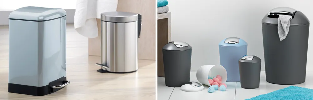 Mülleimer kaufen - Moderne Abfallbehälter in verschiedenen Farben Verschiedene moderne Mülleimer in Weiß, Silber, Grau und Blau mit Pedal und Sensor, teilweise mit Handschuhen und Wattepads