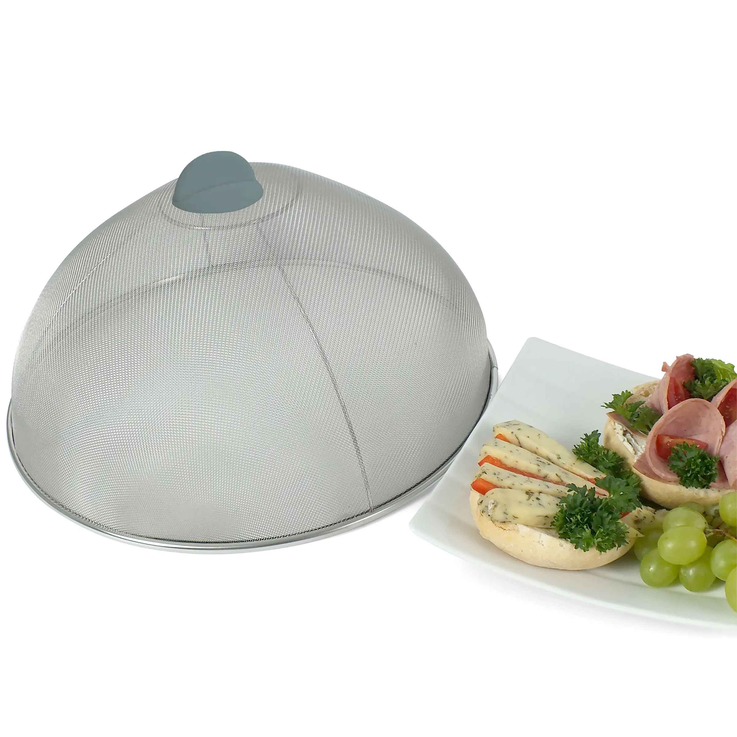 Speisegitter Edelstahl - Fliegengitter für Lebensmittel Feines Speisegitter aus Edelstahl zum Abdecken von Speisen mit appetitlichen Häppchen auf weißem Teller