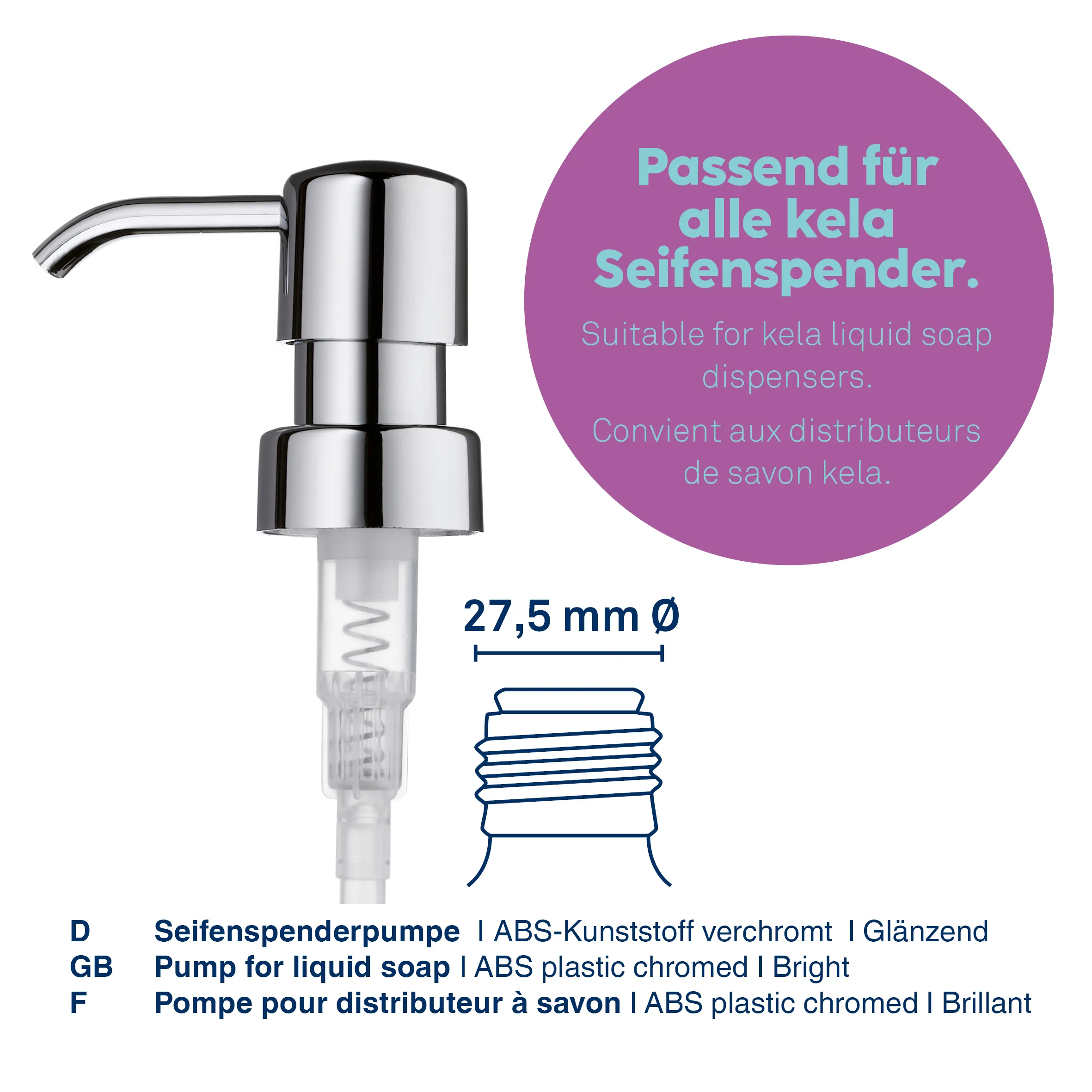 Chromierte Seifenspenderpumpe mit 27,5 mm Gewinde, passend für kela Flüssigseifenspender, ABS-Kunststoff verchromt.