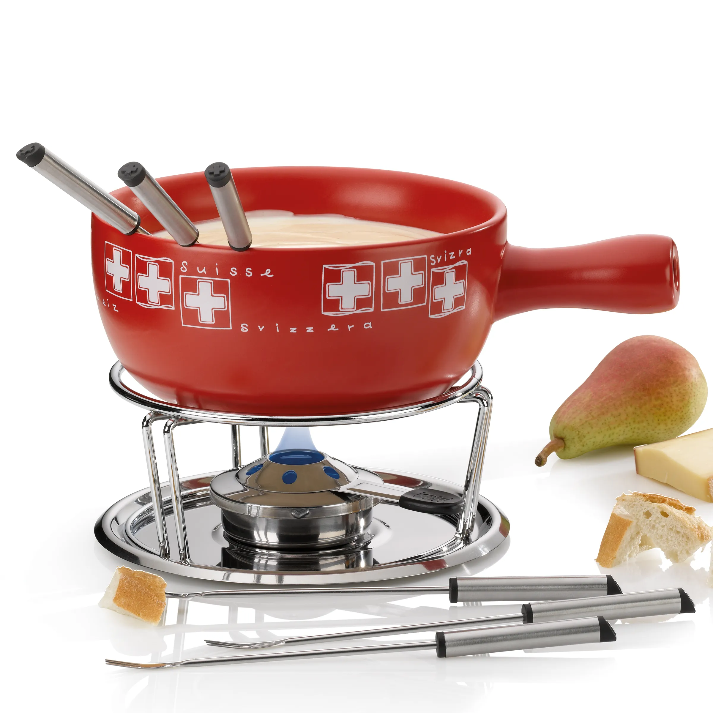 Schweizer Fondue-Set mit Rechaud und Fonduegabeln - Käsefondue Zubehör Rotes Schweizer Fondue-Set mit Käsefondue, Rechaud, Fonduegabeln und Brot auf weißem Hintergrund