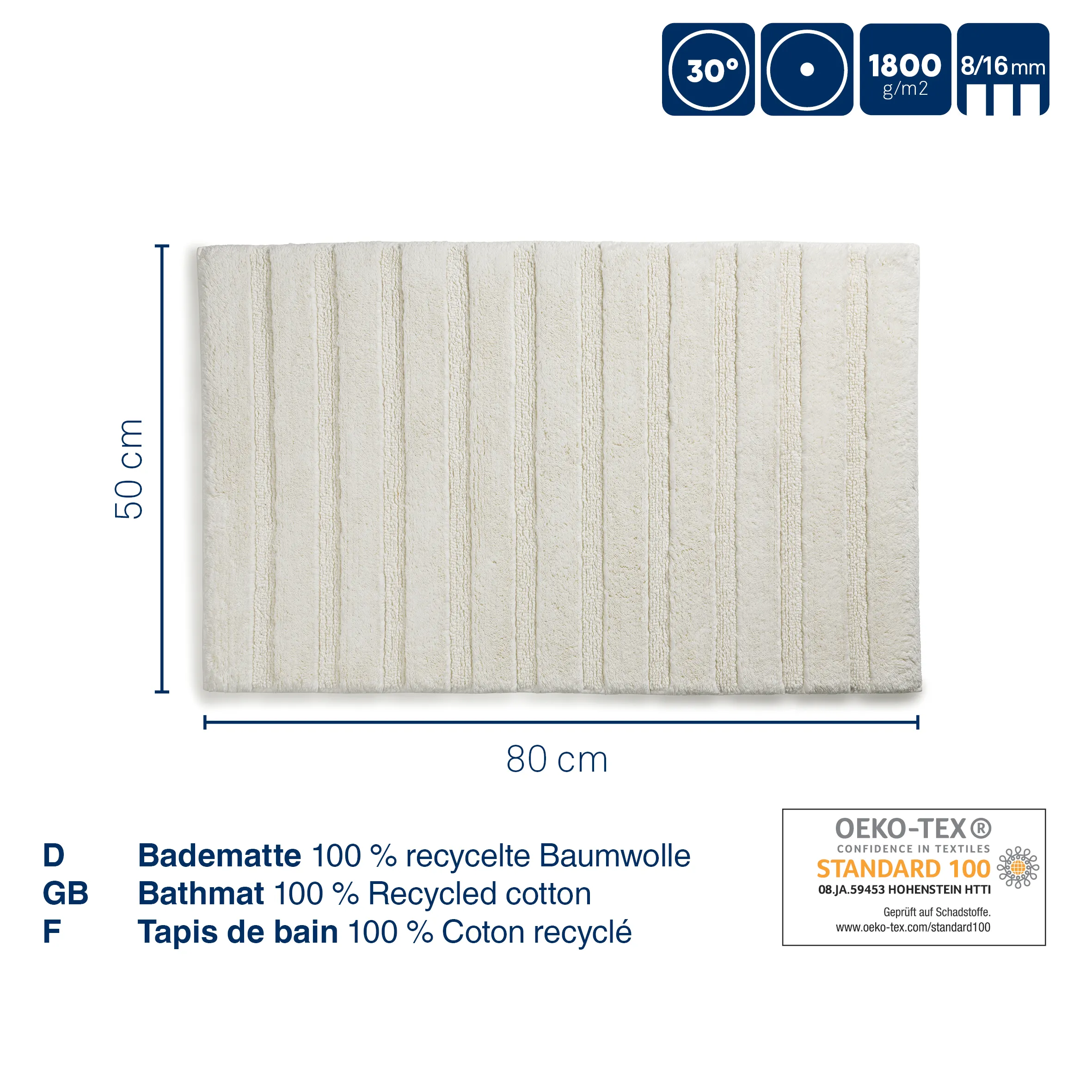 Badematte 100% recycelte Baumwolle 50x80 cm OEKO-TEX zertifiziert Cremefarbene Badematte 50x80 cm aus recycelter Baumwolle mit vertikalen Streifen, OEKO-TEX Standard 100