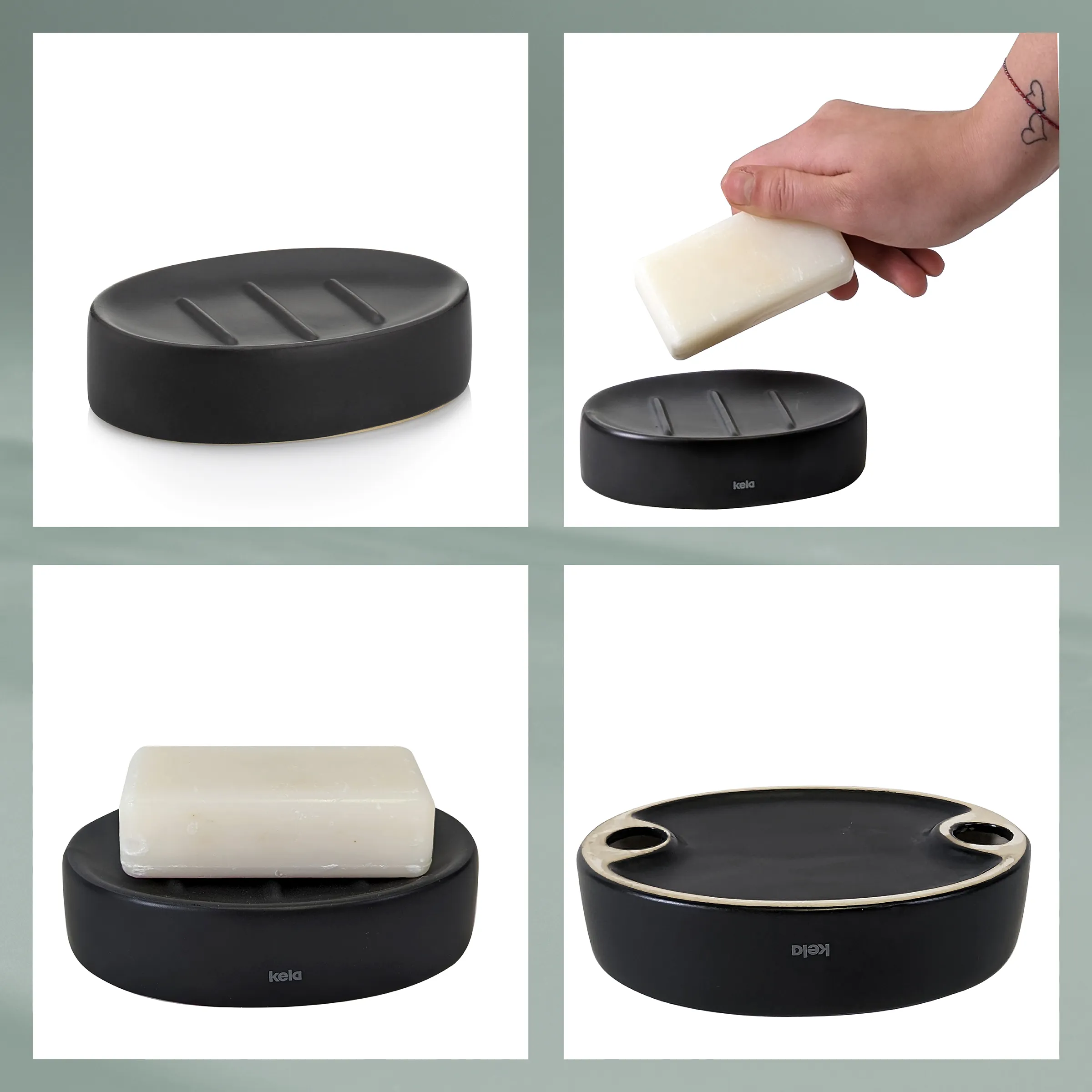 Seifenschale schwarz - modernes Badezimmer Zubehör Schwarze Seifenschale mit Rillendesign und cremefarbener Seife, verschiedene Ansichten und Anwendung.