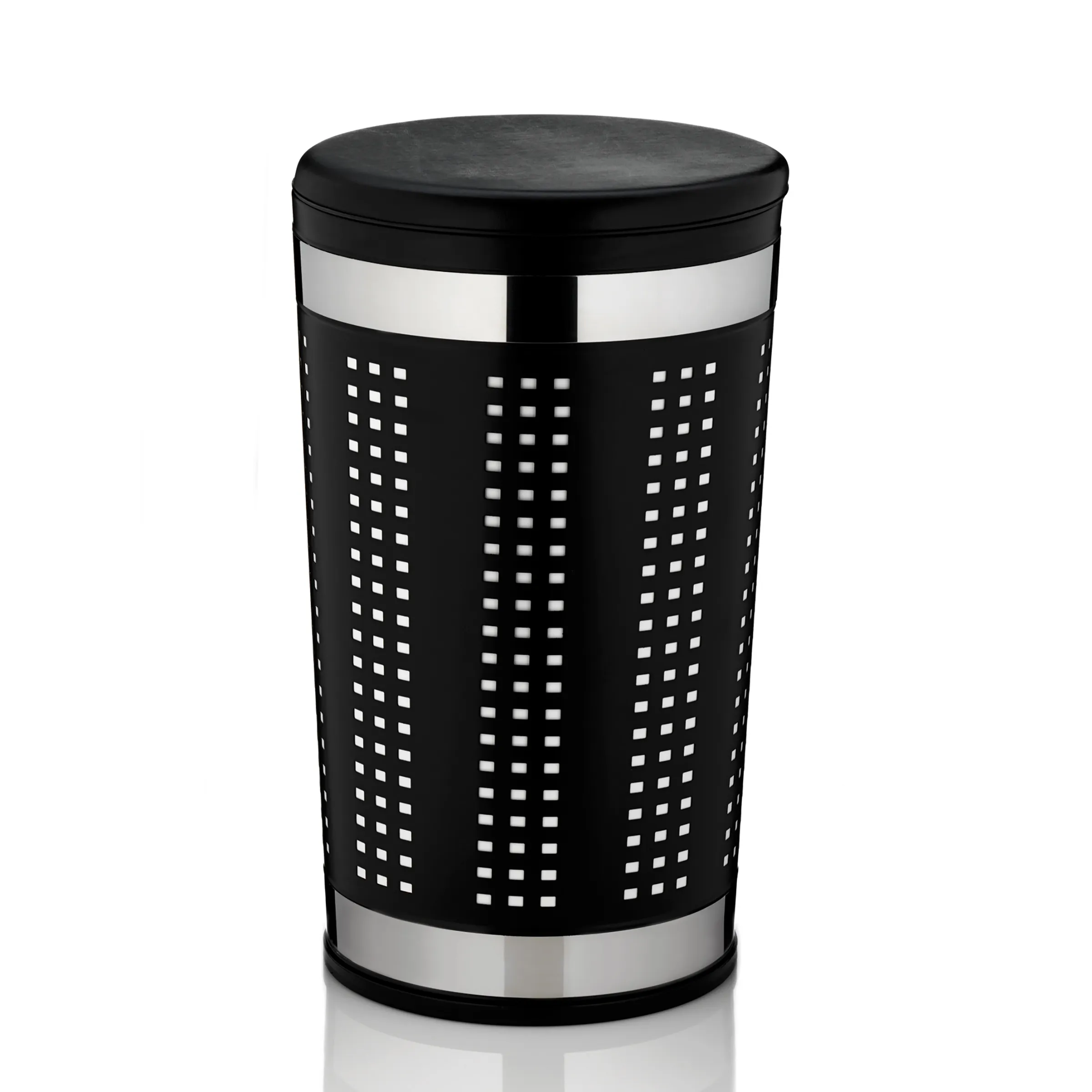 Wäschekorb perforiert Design mit Metallband Schwarzer zylindrischer Wäschekorb mit perforiertem Design und Metallbändern, Deckel offen