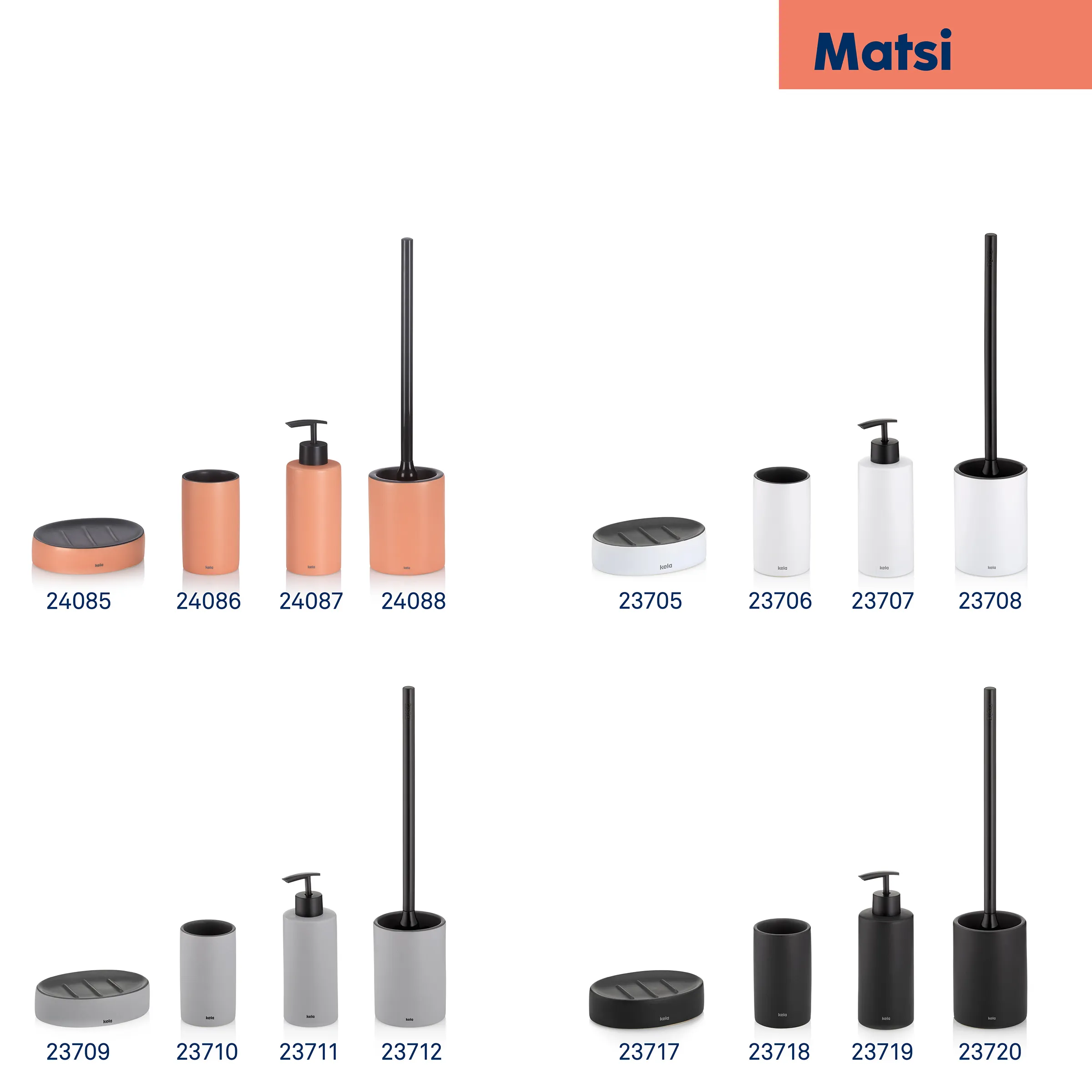 Matsi Badezimmer Accessoire-Sets – Seifenspender, Zahnputzbecher, WC-Bürste in 4 Farben Matsi Badezimmer-Accessoire-Sets in verschiedenen Farben: Pfirsich, Weiß, Grau und Schwarz