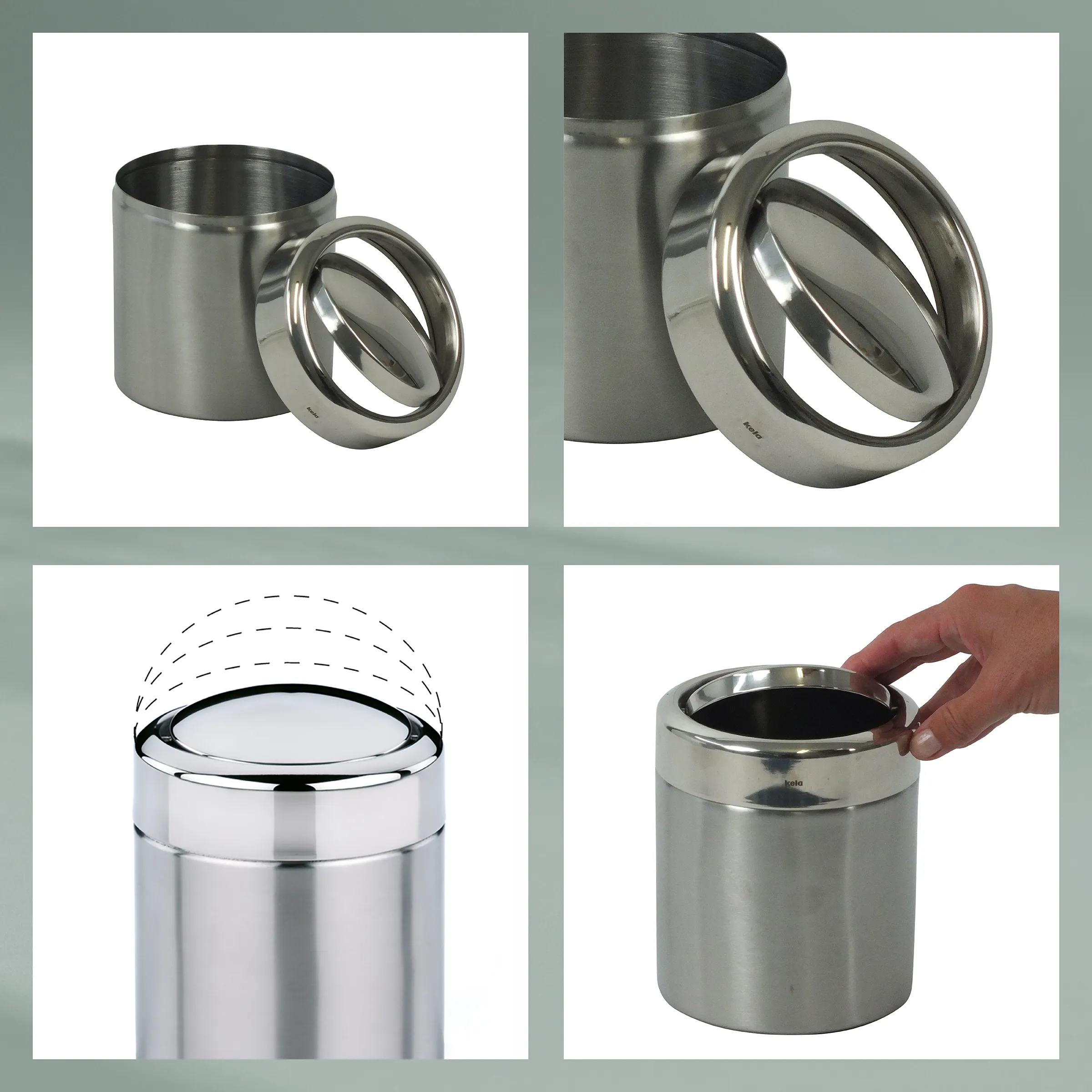 Edelstahl-Mülleimer mit Schwingdeckel - Abfalleimer Küche Design Edelstahl-Mülleimer mit schwingender Deckelöffnung, Detailansichten des Ringdeckels und Handhabung