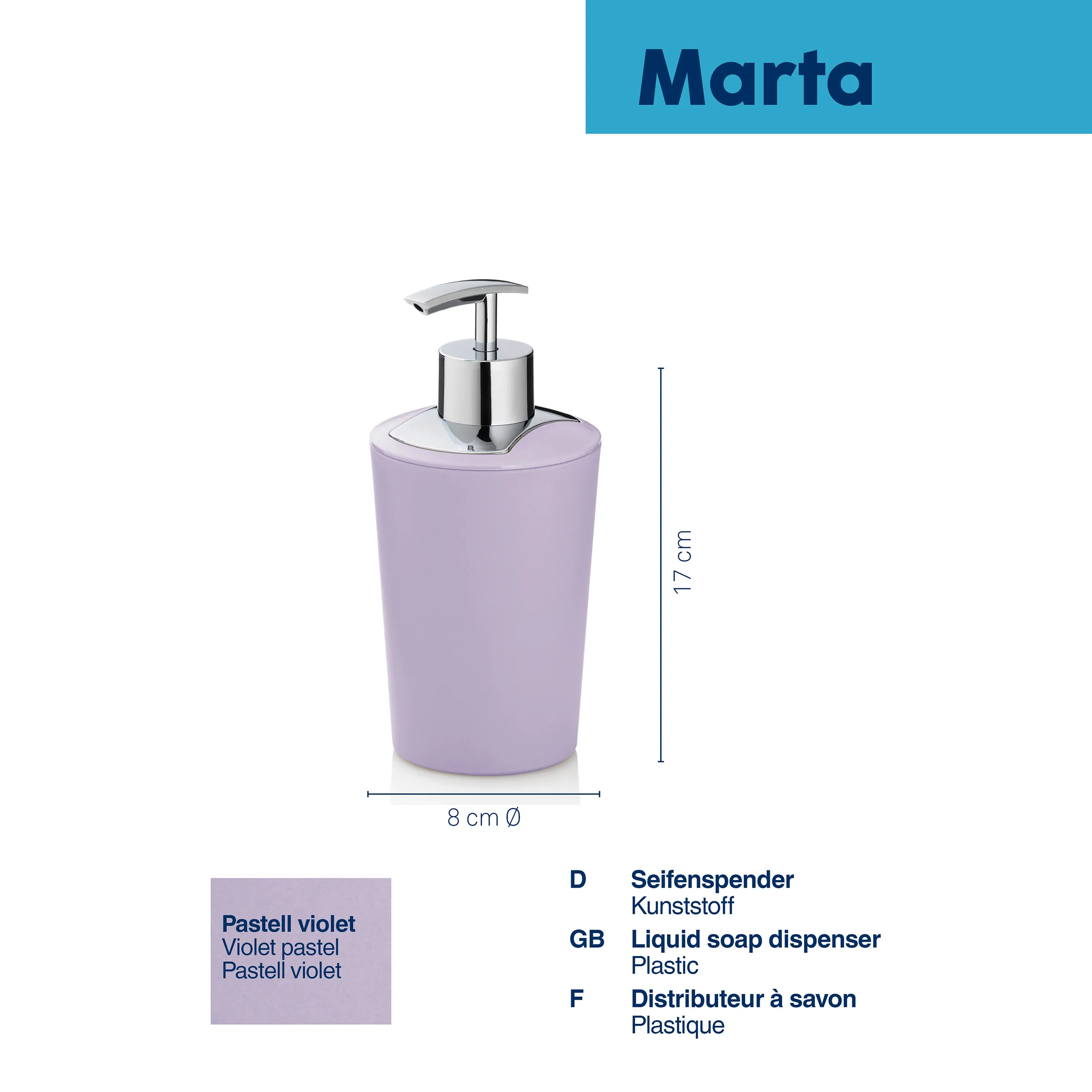 Seifenspender Kunststoff violett Marta Violetter Seifenspender Marta aus Kunststoff mit verchromter Pumpe, 8 cm Durchmesser, 17 cm Höhe