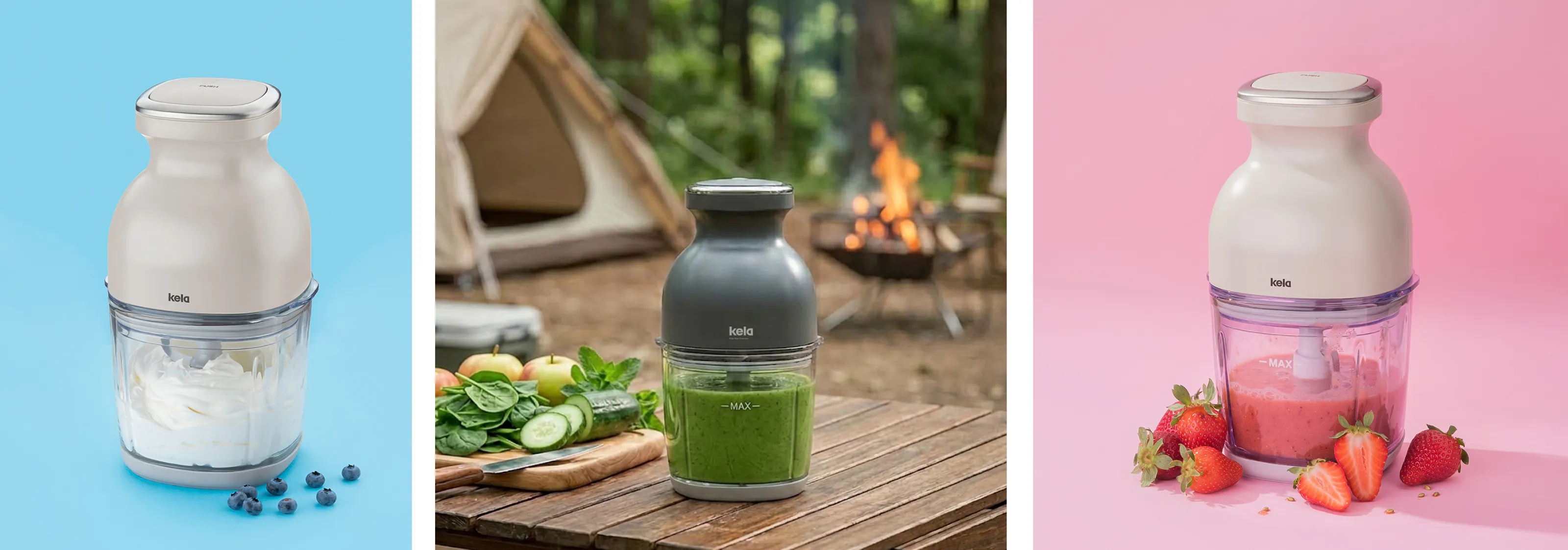 Kela Smoothie Maker - Tragbarer Mixer für Obst und Gemüse Drei Kela-Smoothie-Maker mit verschiedenen Inhalten: Blaubeeren, grünem Gemüsesaft und Erdbeersaft auf farbigen Hintergründen.