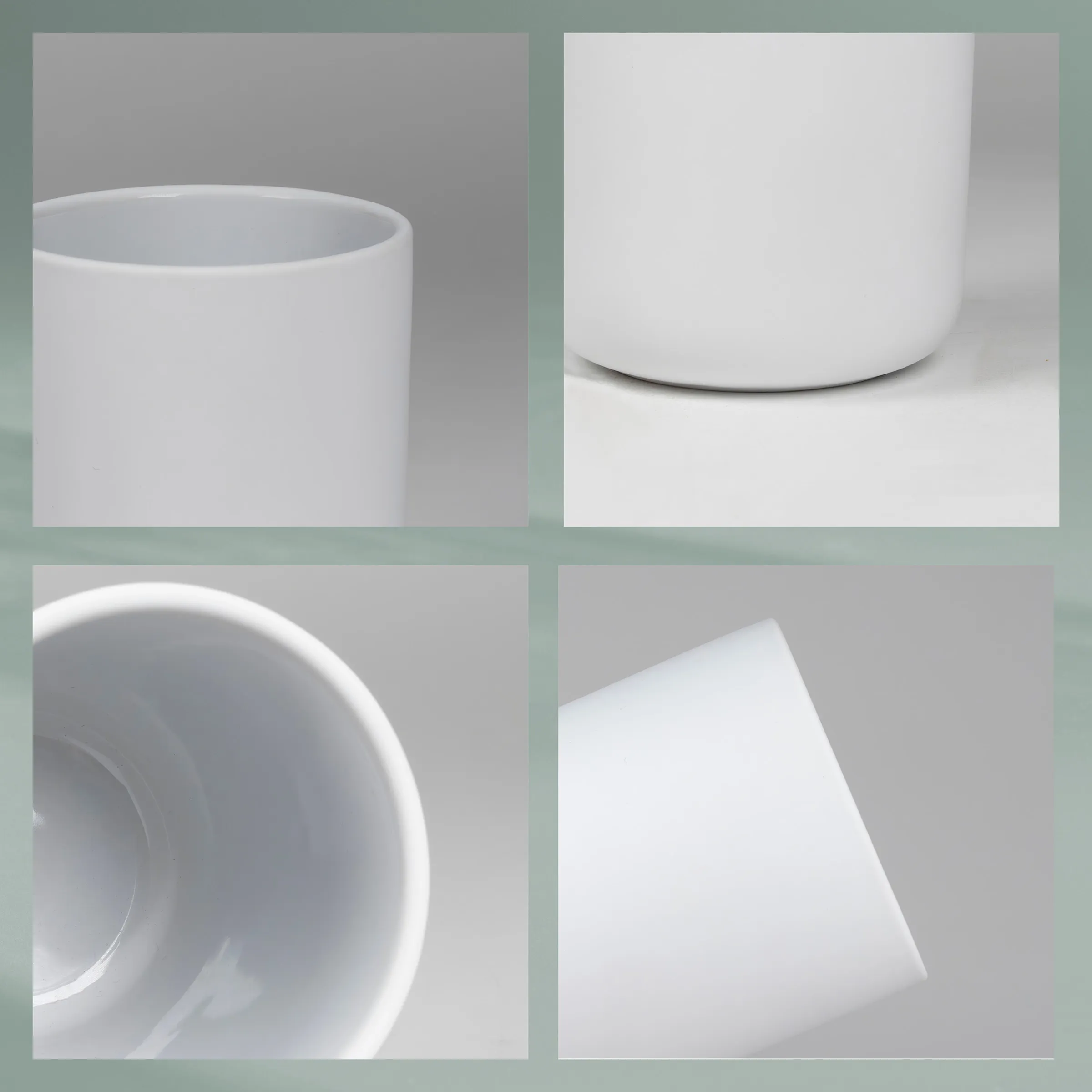 Weiße minimalistische Keramikschale in verschiedenen Perspektiven auf grauem Hintergrund