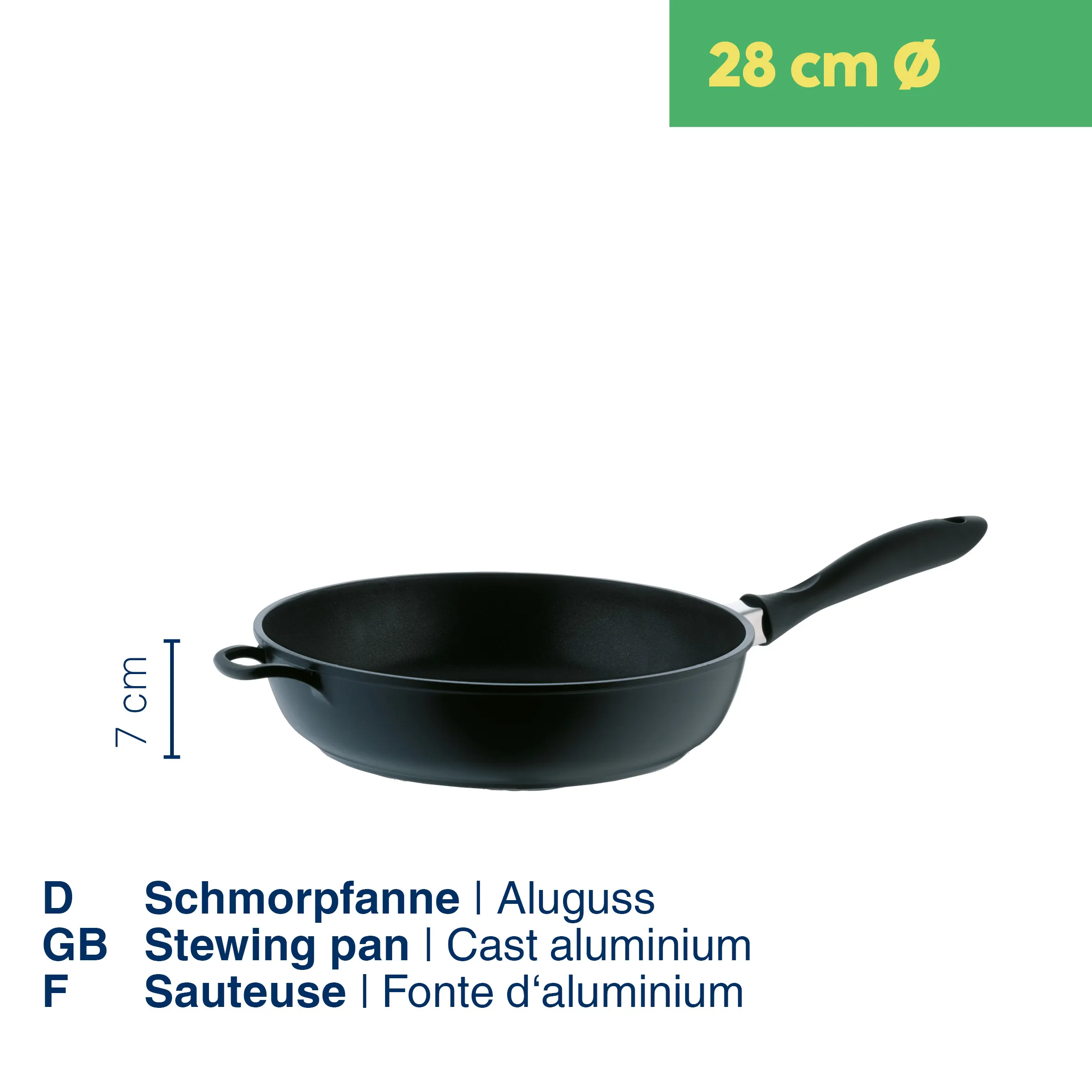 Schmorbratpfanne 28 cm Aluminium Stielkasserolle Schwarze Schmorbratpfanne aus Aluminium mit 28 cm Durchmesser und 7 cm Höhe, mit Griff und Griffen.