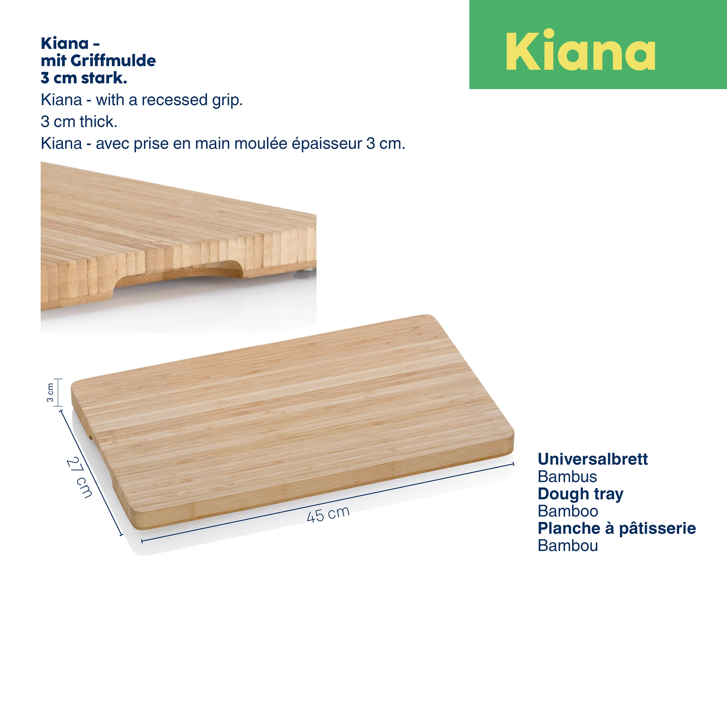 Bamboo Universalbrett Kiana mit griffmulde, 45 cm lang, 27 cm breit und 3 cm stark.
