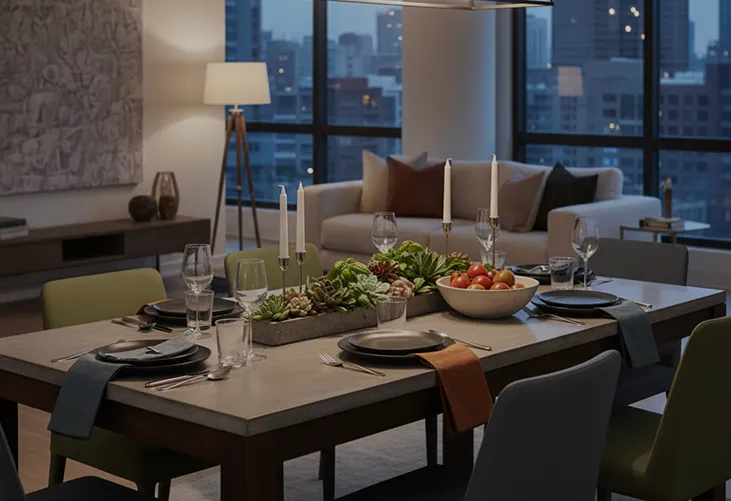 Contemporary dining room with set table, chairs, sofa, and city skyline view through large windows at dusk.