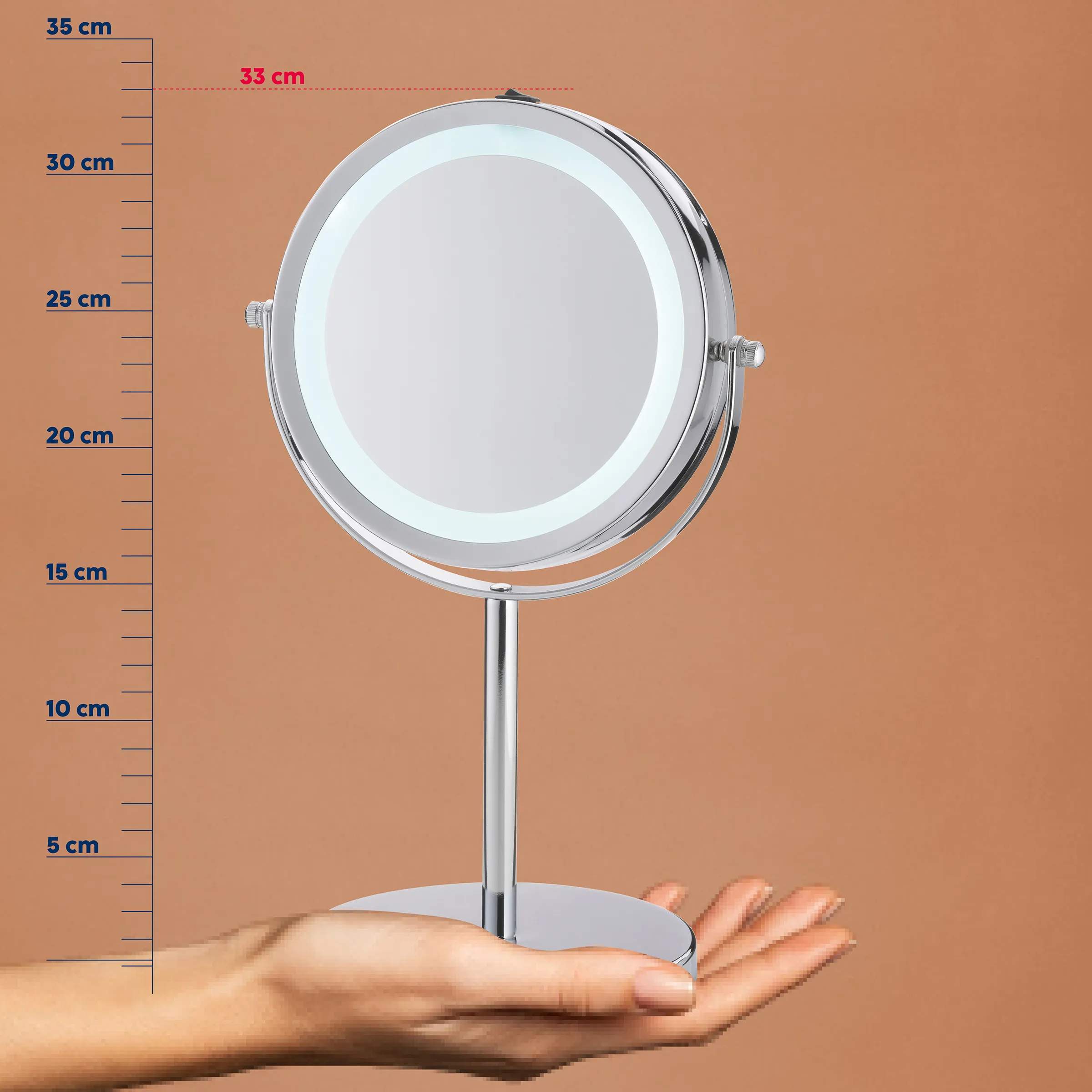 LED Kosmetikspiegel rund mit Ständer Rundes LED-Kosmetikspiegel mit Ständer auf einer Hand, Höhe 35 cm, Breite 33 cm