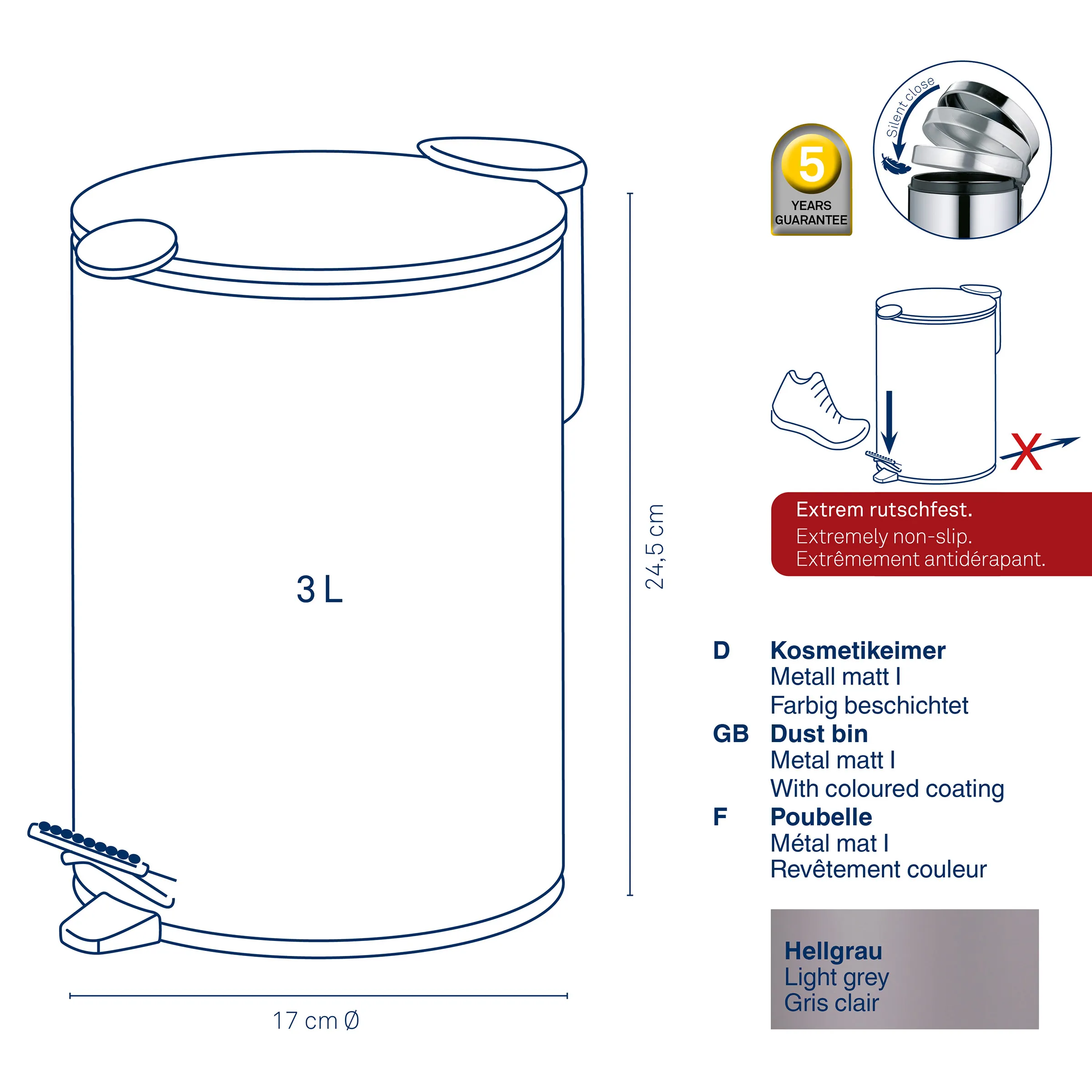 3L Kosmetekeimer Metall matt mit Soft-Close-Deckel 3-Liter-Kosmetekeimer aus Metall mit matter Oberfläche, Höhe 24,5 cm, Durchmesser 17 cm, mit Soft-Close-Deckel und rutschfester Beschichtung.