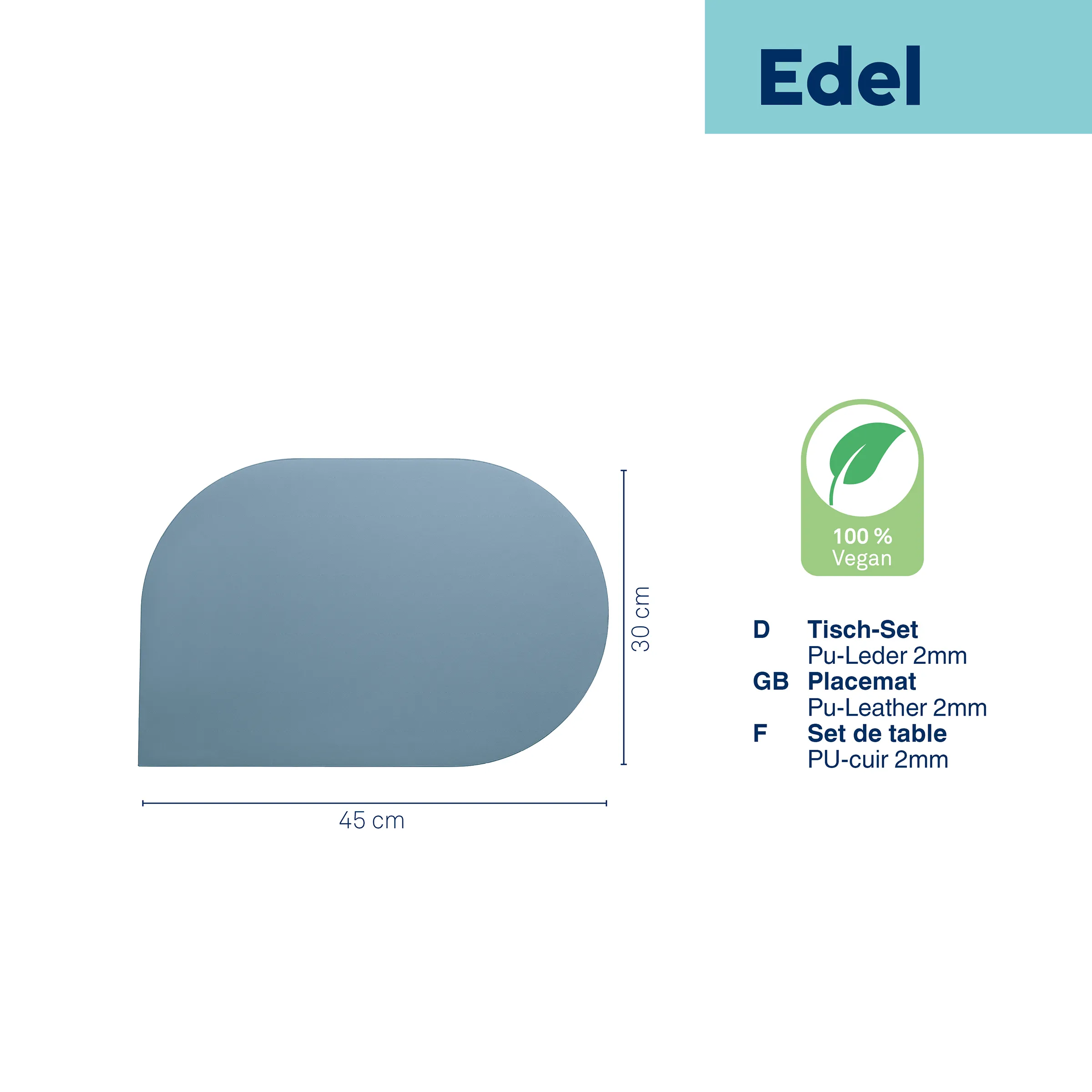 Edel Tisch-Set Placemat aus Pu-Leder vegan Blaugraues Tisch-Set Edel aus Pu-Leder, 45cm breit und 30cm hoch, 100% vegan mit Maßangaben
