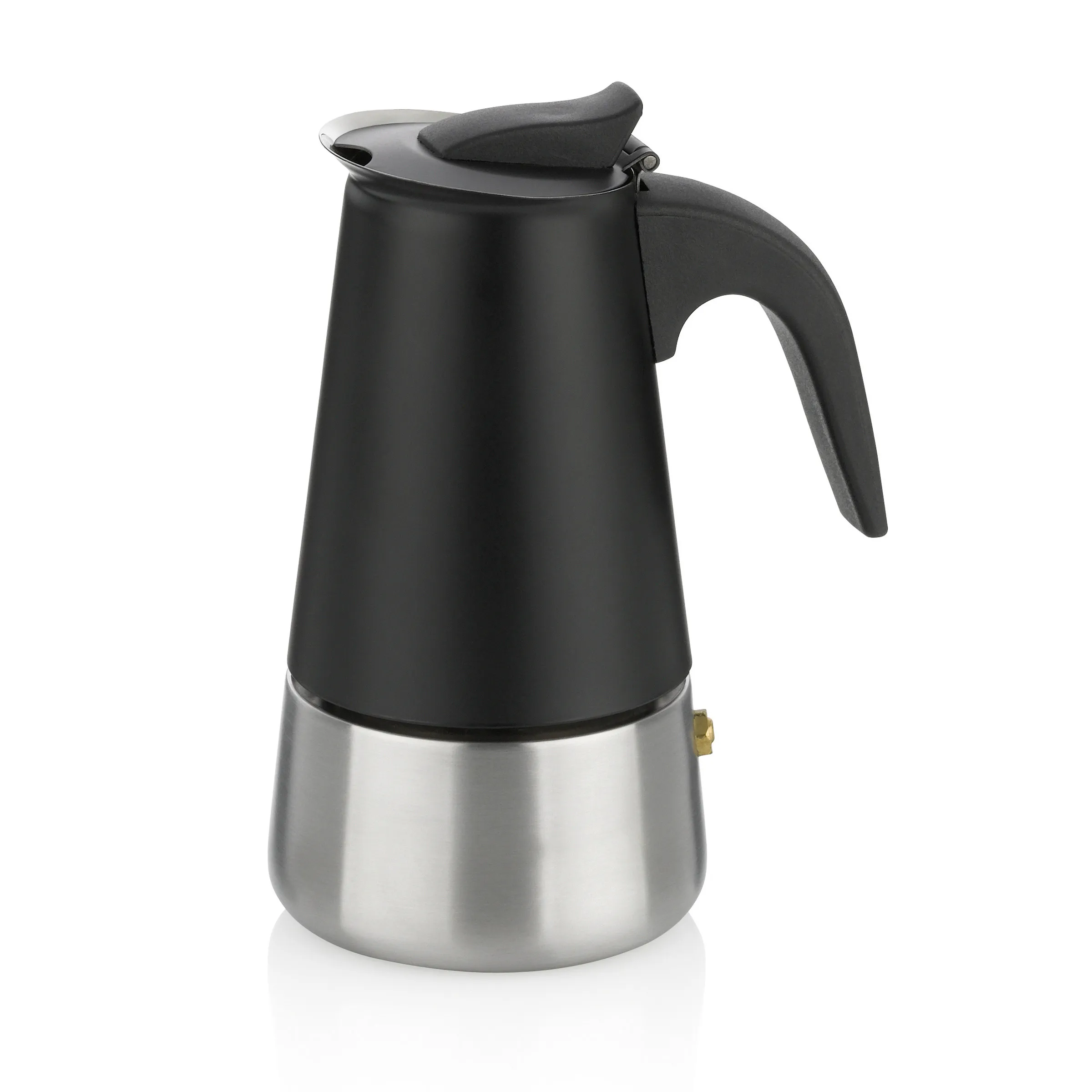 Espressokanne Edelstahl - Moka-Kaffeekocher Edelstahl-Espressokanne mit schwarzem Kunststoffgriff und Deckel auf weißem Hintergrund