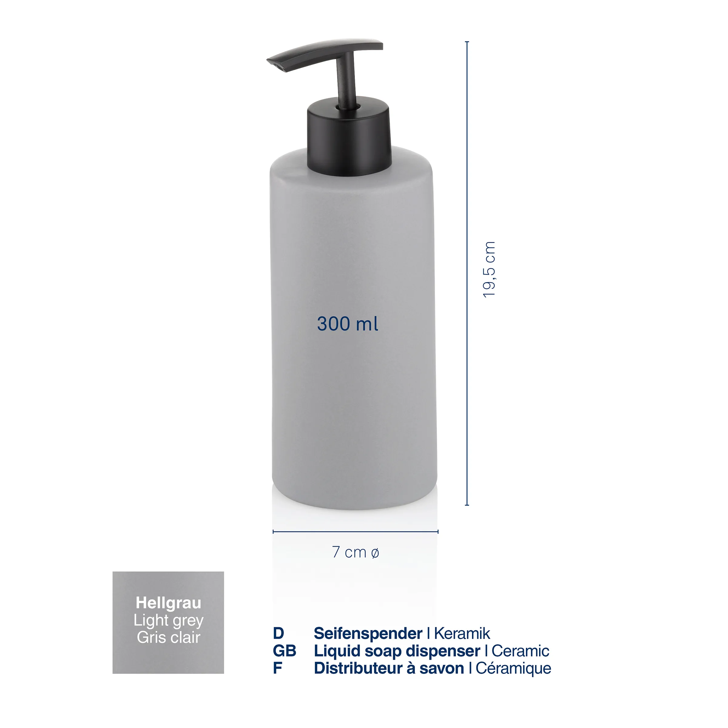 Keramik Seifenspender 300ml Hellgrau mit Pumpspender für Badezimmer Hellgrauer Keramik-Seifenspender 300 ml mit schwarzer Pumpe, 19,5 cm hoch, 7 cm Durchmesser