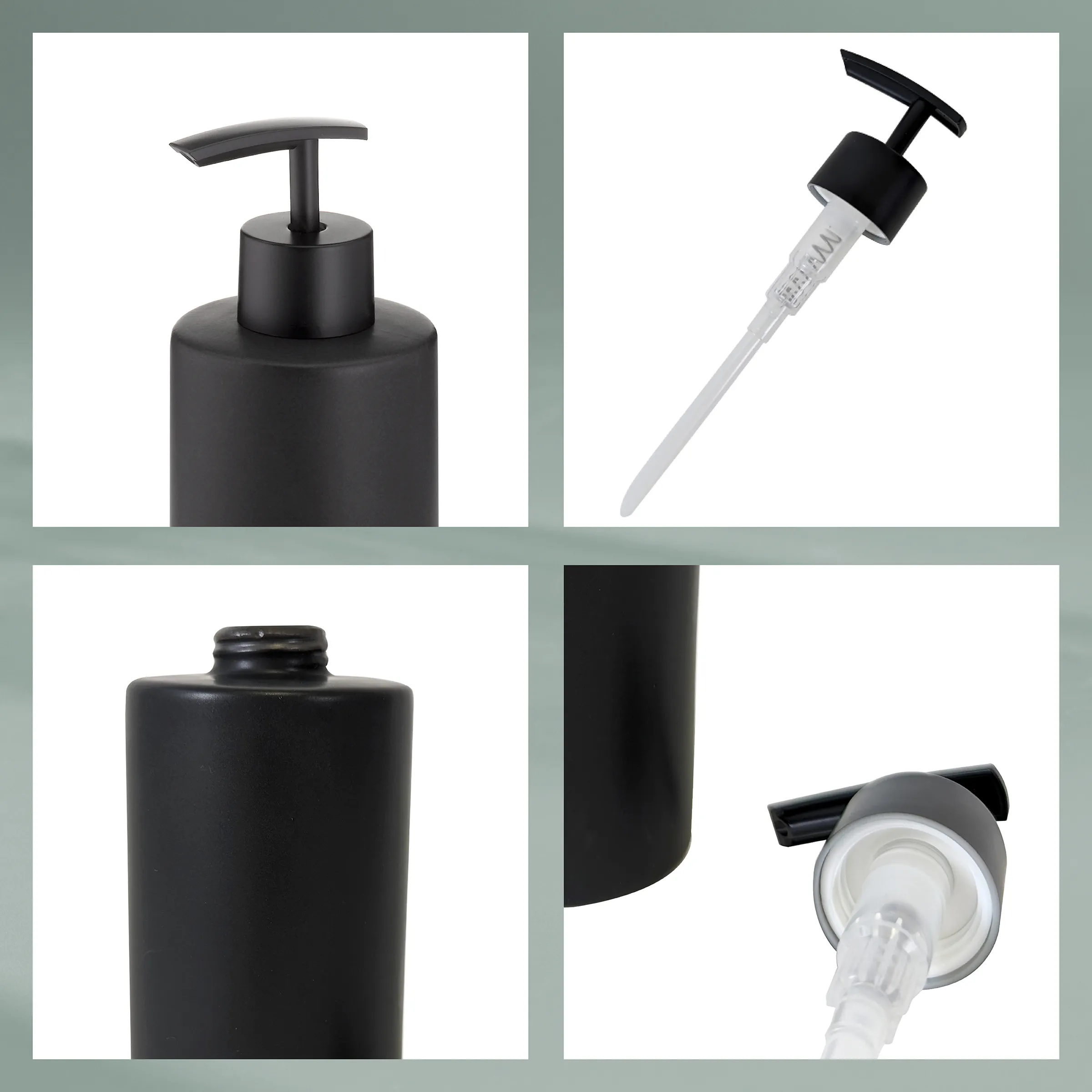Kosmetikflaschen Pumpspender Behälter Set Vier schwarze Kosmetikflaschen und Pumpspender: Pumpflasche, Dosierpumpe, Airless-Dispenser und Creme-Tiegel.