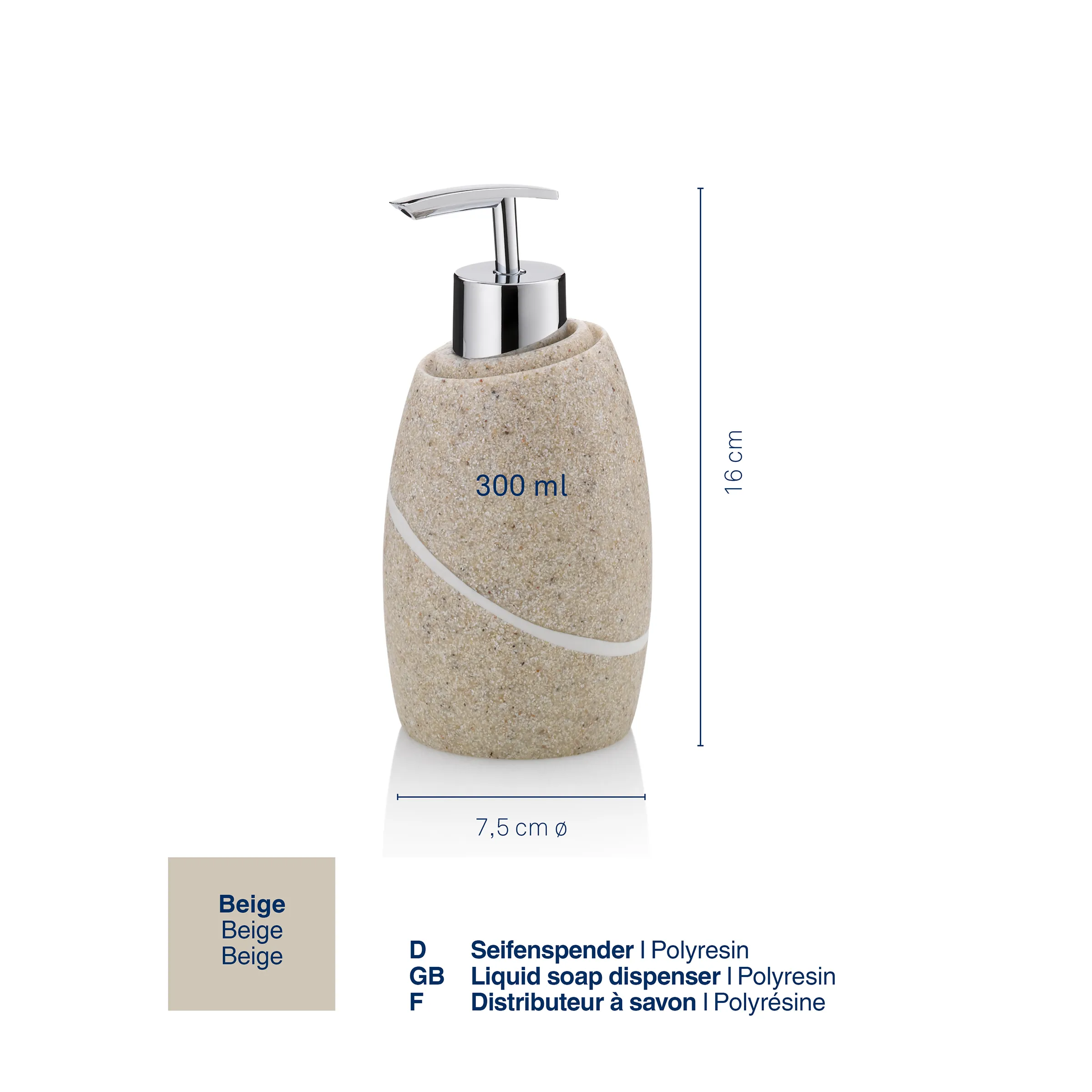 Seifenspender Polyresin Beige 300ml - Badezimmer Accessoire mit Chrompumpe Beiger Seifenspender aus Polyresin mit Chrompumpe, 300 ml Fassungsvermögen, 16 cm hoch, 7,5 cm Durchmesser