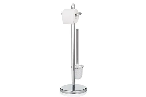 WC-Garnitur Stand Chrom mit Toilettenpapierhalter und WC-Bürste Freistehender WC-Garnitur-Ständer aus verchromtem Metall mit weißem Toilettenpapierhalter und WC-Bürste
