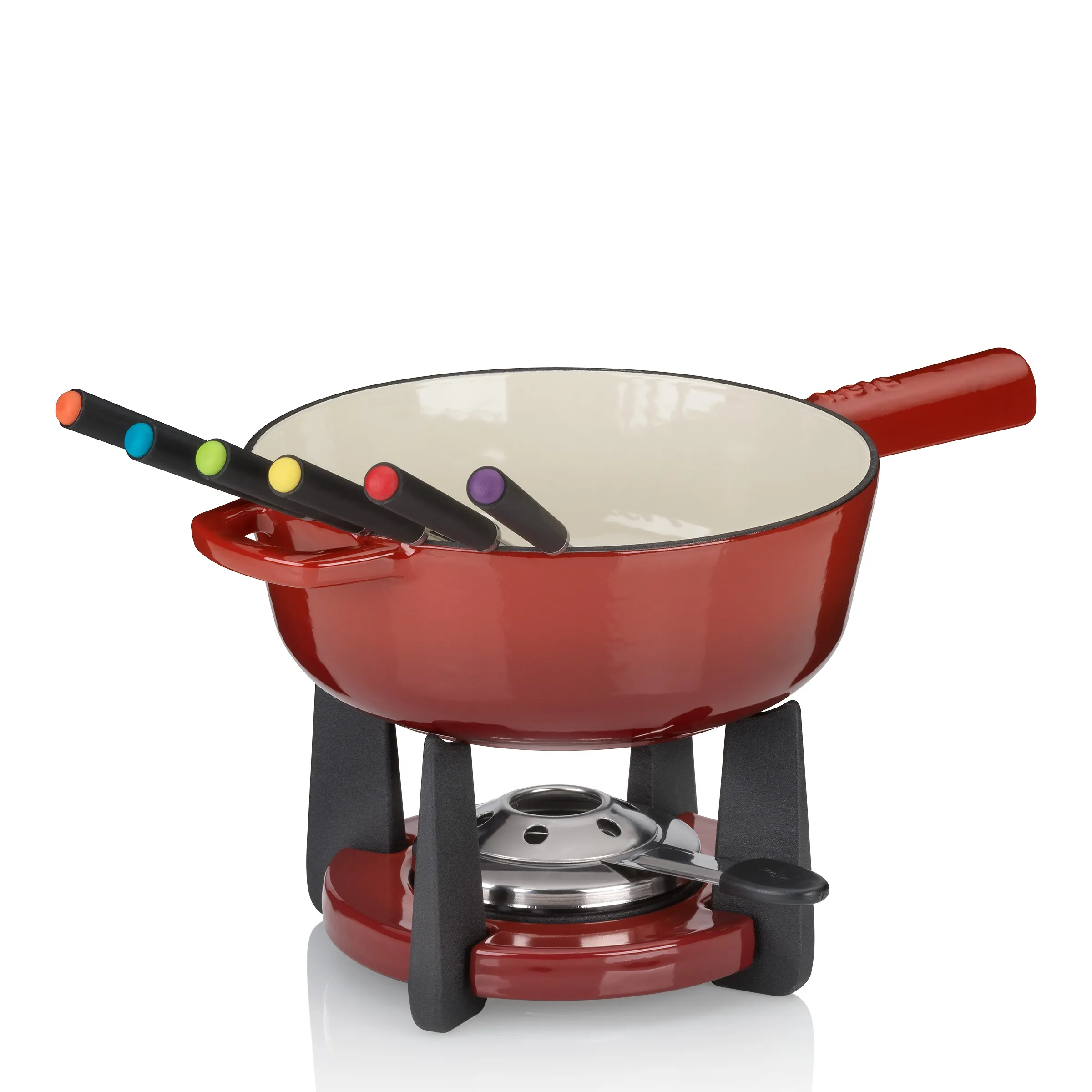 Fondue-Set rot - Keramiktopf mit Gabelset Rotes Fondue-Set mit Keramiktopf, Ständer und fünf farbigen Fondue-Gabeln auf schwarzem Griff