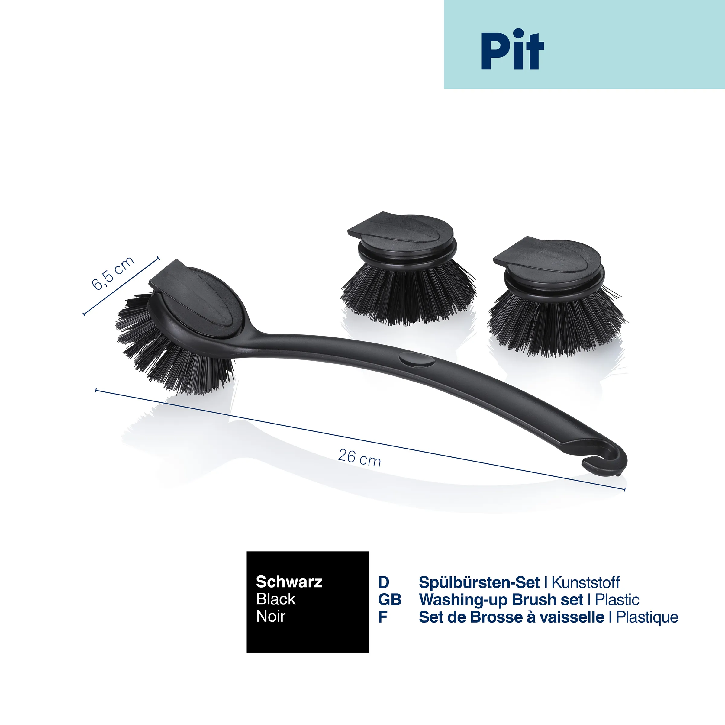 Spülbürsten-Set schwarz | Austauschbare Bürstenköpfe Schwarzes Spülbürsten-Set mit Griff (26 cm) und zwei austauschbaren runden Bürstenköpfen (6,5 cm), aus Kunststoff.