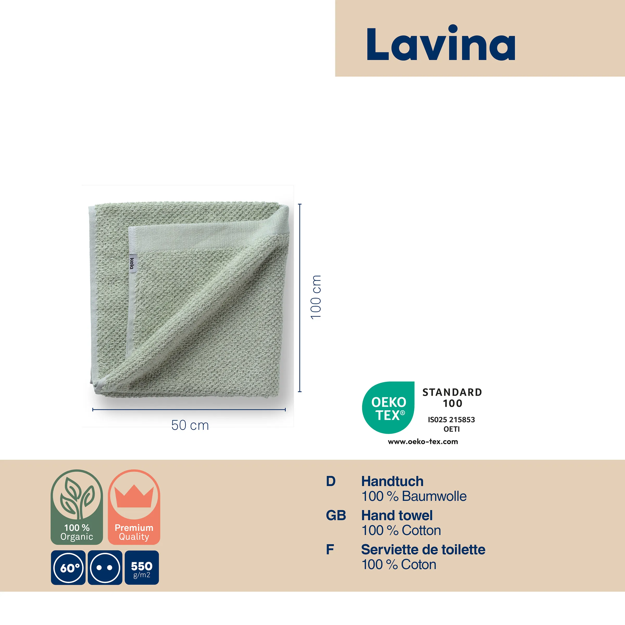 Lavina Handtuch 100% Baumwolle - OEKO-TEX zertifiziert Grünes Baumwoll-Handtuch Lavina 50x100 cm, OEKO-TEX zertifiziert, 100% Baumwolle, 550 g/m2