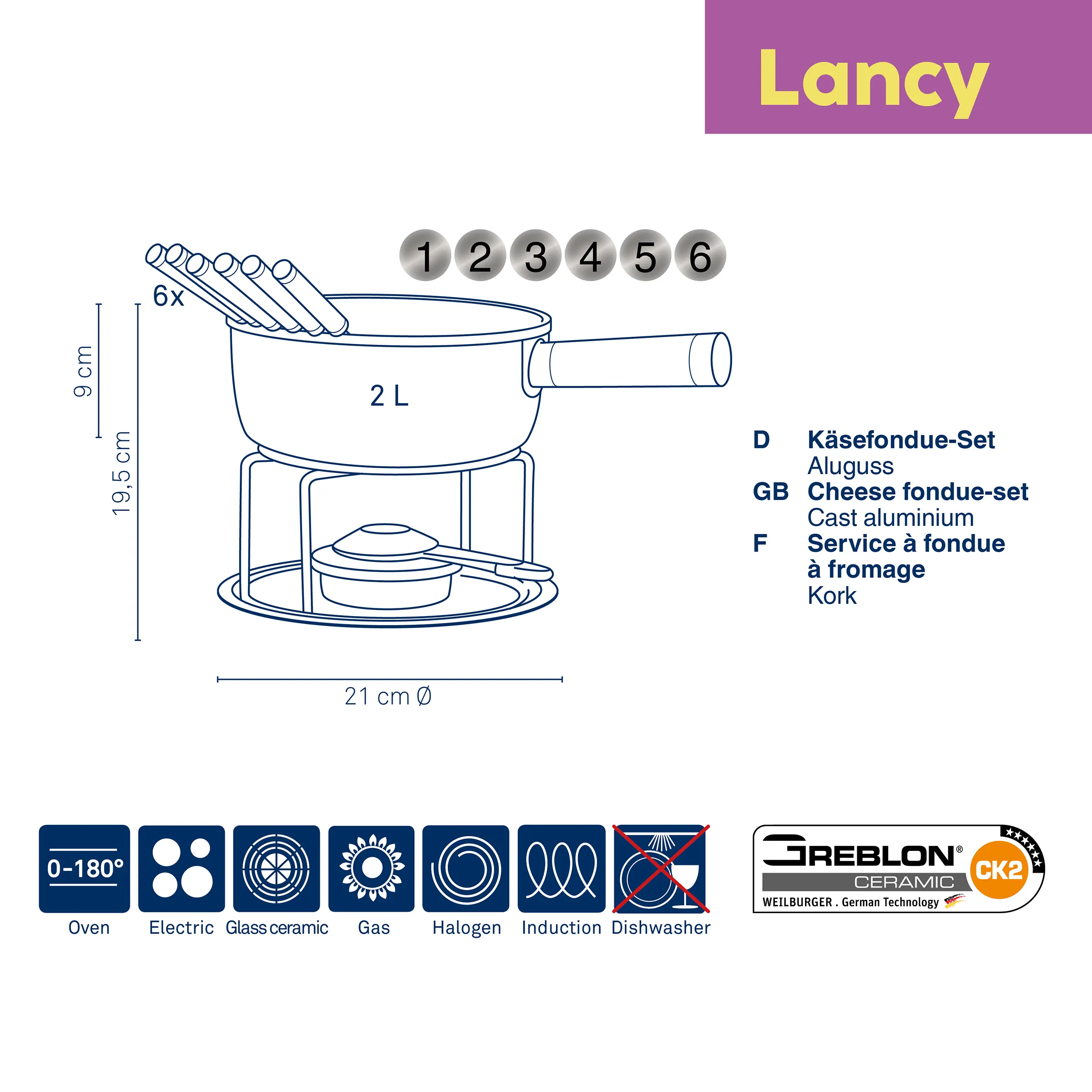 Lancy Käsefondue-Set Aluguss 2L - Fondue Zubehör Lancy Käsefondue-Set aus Aluguss mit 2L Topf, 6 Fonduegabeln, Brenner und Ständer. Maße: 21cm Ø, 19,5cm Höhe.
