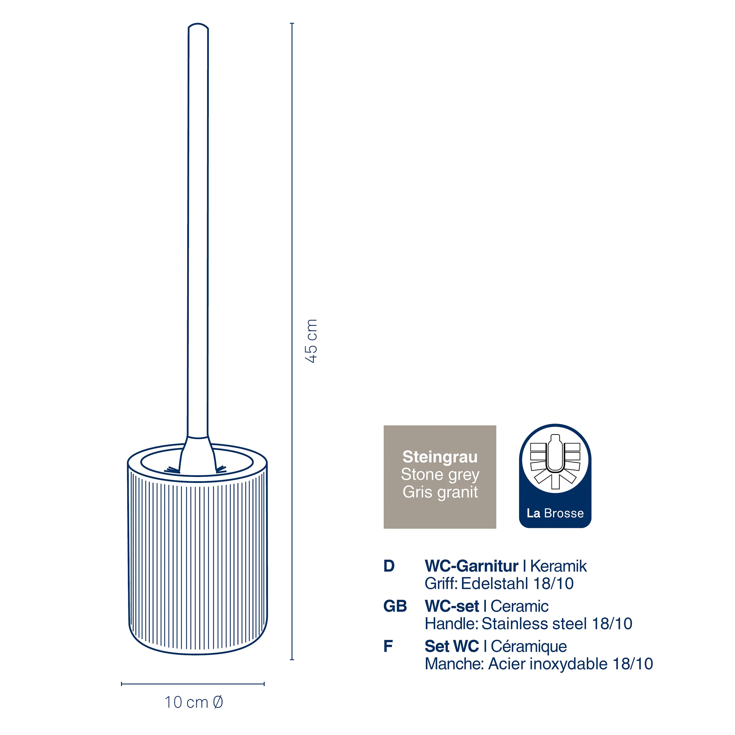 WC-Garnitur Steingrau | Keramik Toilettenbürste mit Behälter Grauer WC-Garnitur Set mit zylindrischem Behälter (10 cm Ø, 45 cm H) und Edelstahlgriff