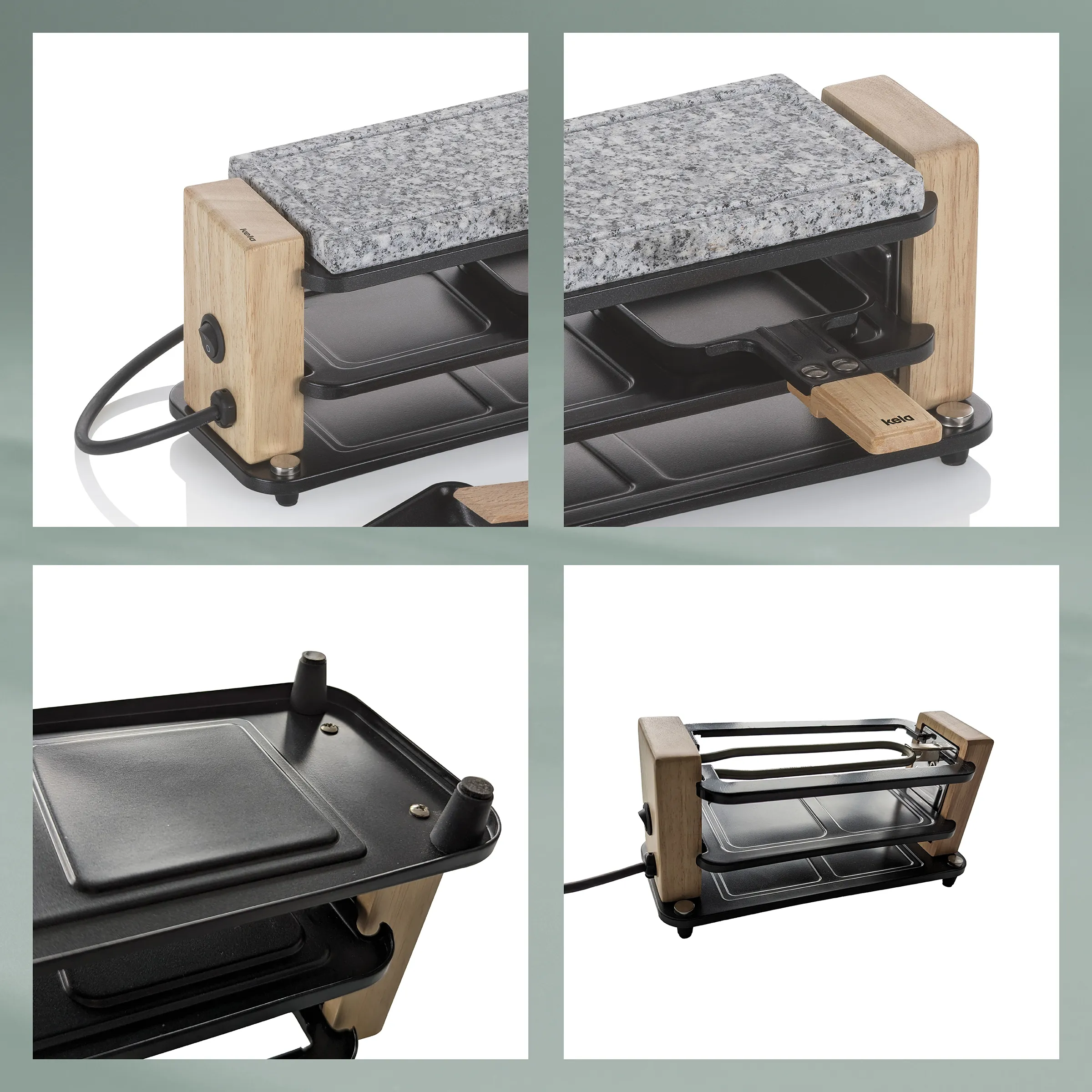 Raclette-Grill mit Granitstein, Holzgriffen und antihaftbeschichteten Pfännchen in vier Detailansichten