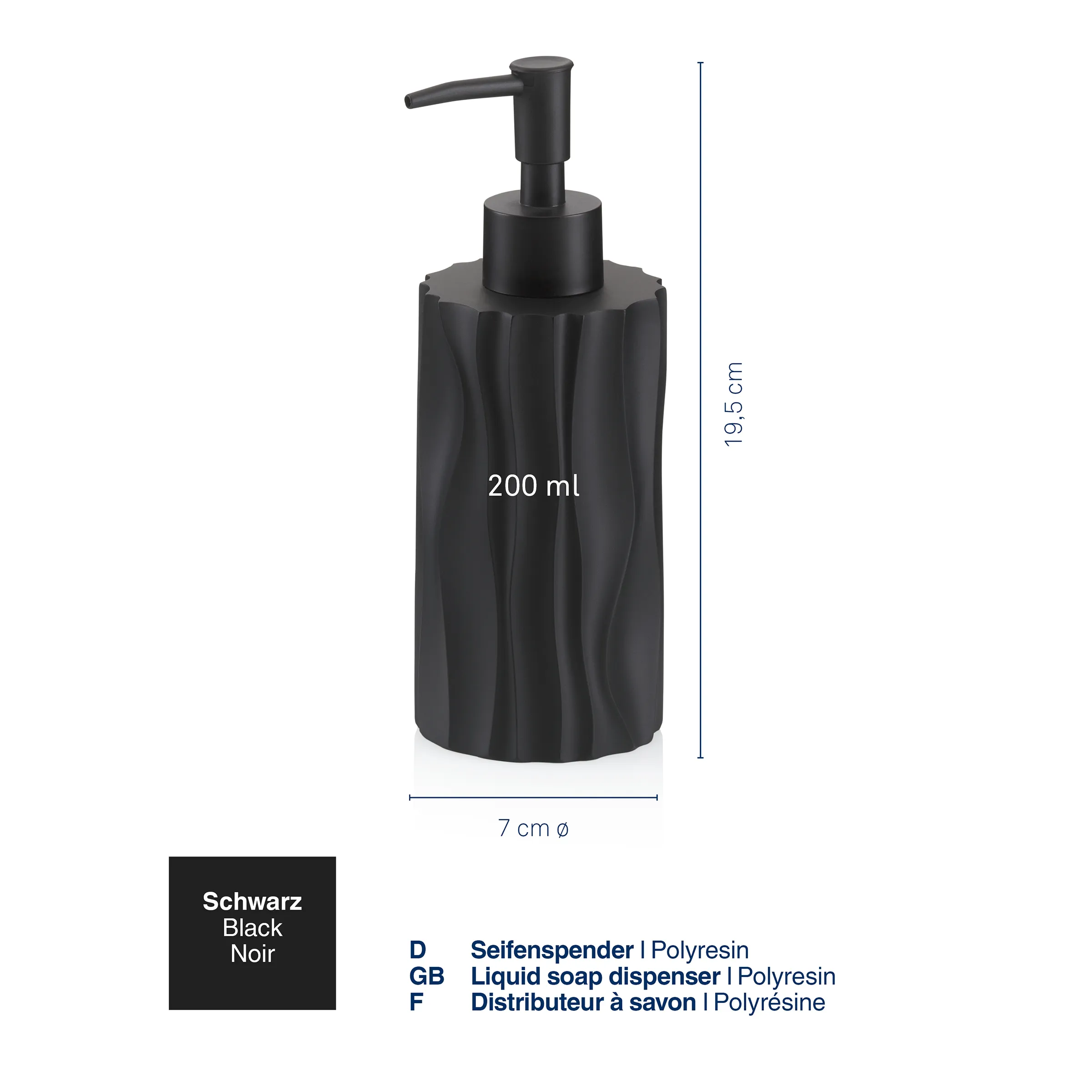 Seifenspender schwarz Polyresin 200ml Schwarzer Seifenspender aus Polyresin mit 200 ml Inhalt, 19,5 cm Höhe und 7 cm Durchmesser