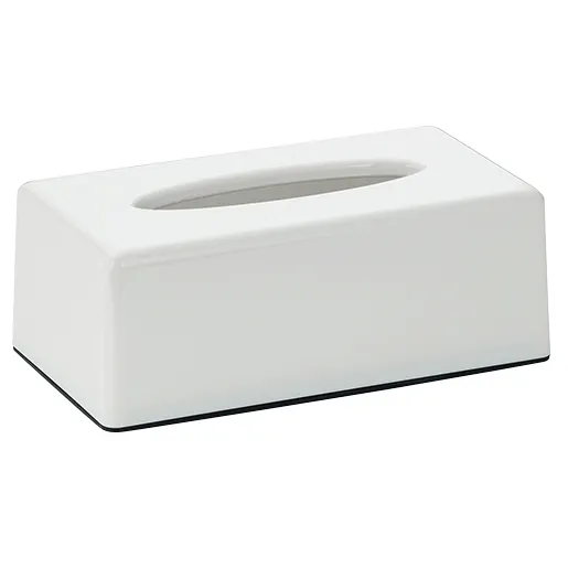 Taschentuchbox Kunststoff weiß modern Weiße rechteckige Taschentuchbox aus Kunststoff mit Schlitz oben und schwarzem Gummiband unten