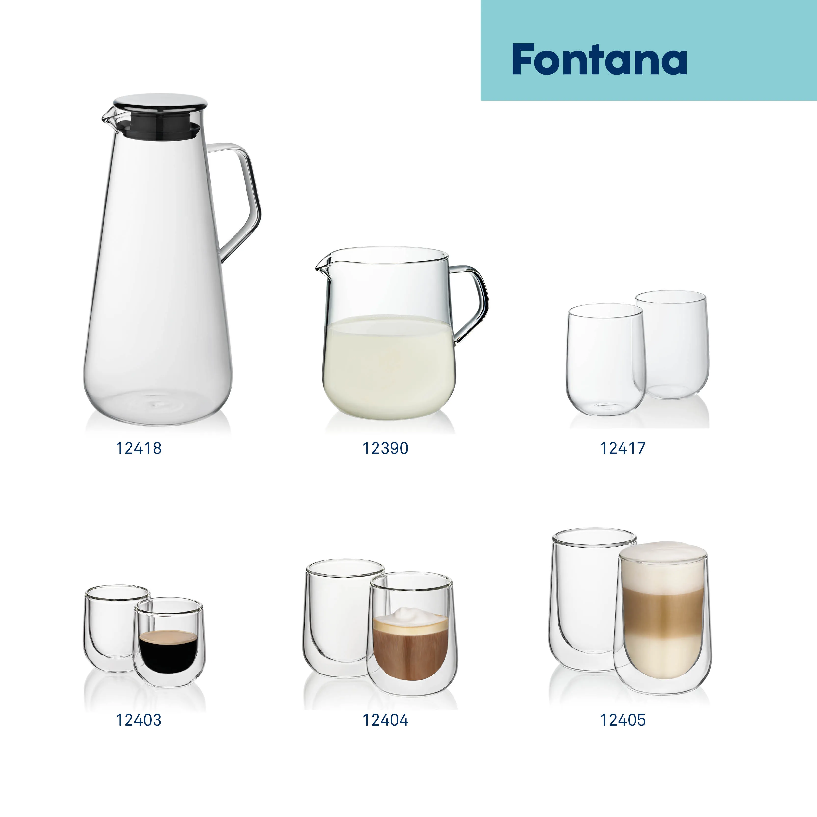 Fontana Glas Kollektion - Karaffen und doppelwandige Gläser Fontana Glaskollektion mit Karaffen, Bechern und doppelwandigen Tassen in verschiedenen Größen und Ausführungen.