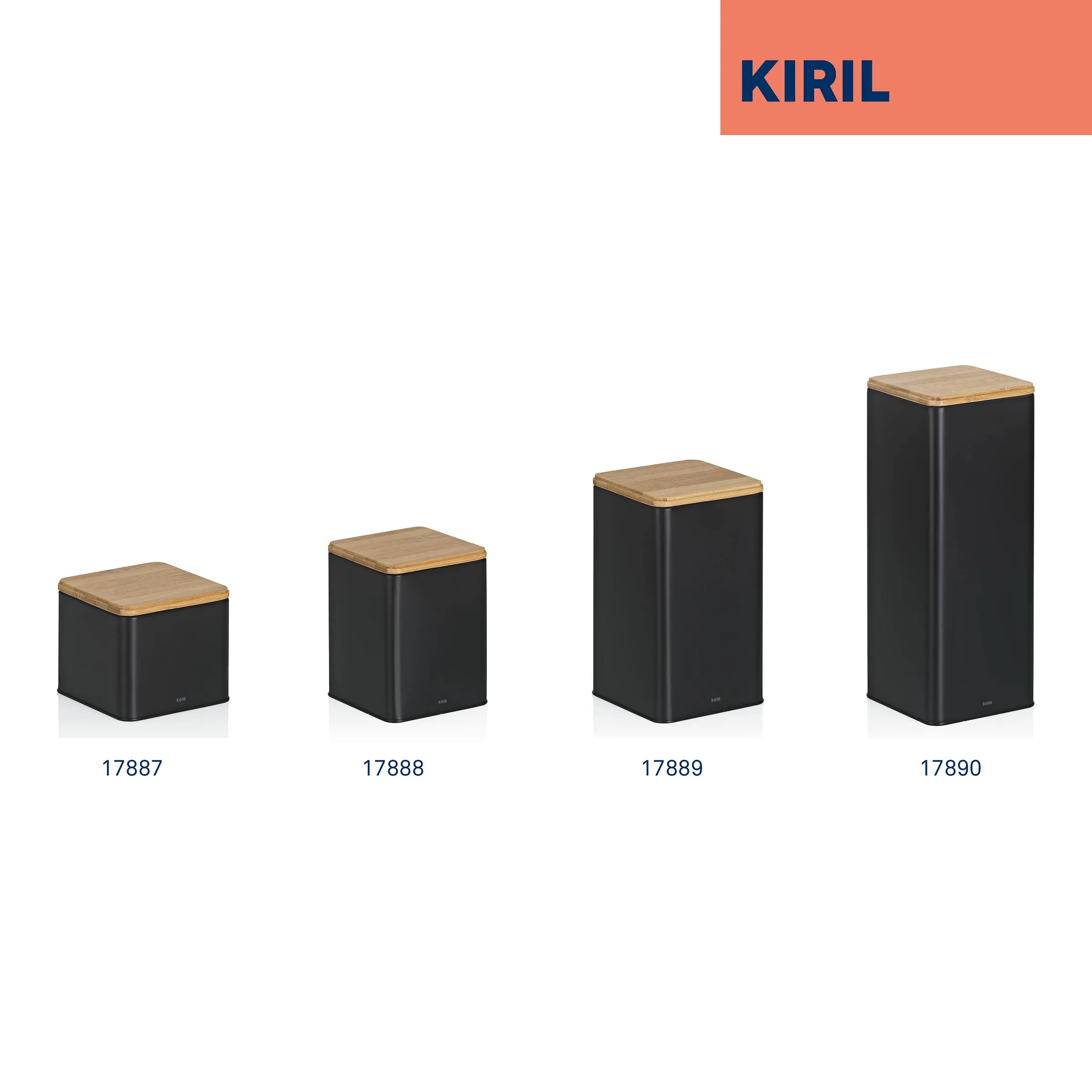 KIRIL Vorratsbehälter Set vier Größen mit Holzdeckel Vier schwarze KIRIL Behälter mit Holzdeckeln in verschiedenen Größen (17887-17890) nebeneinander angeordnet
