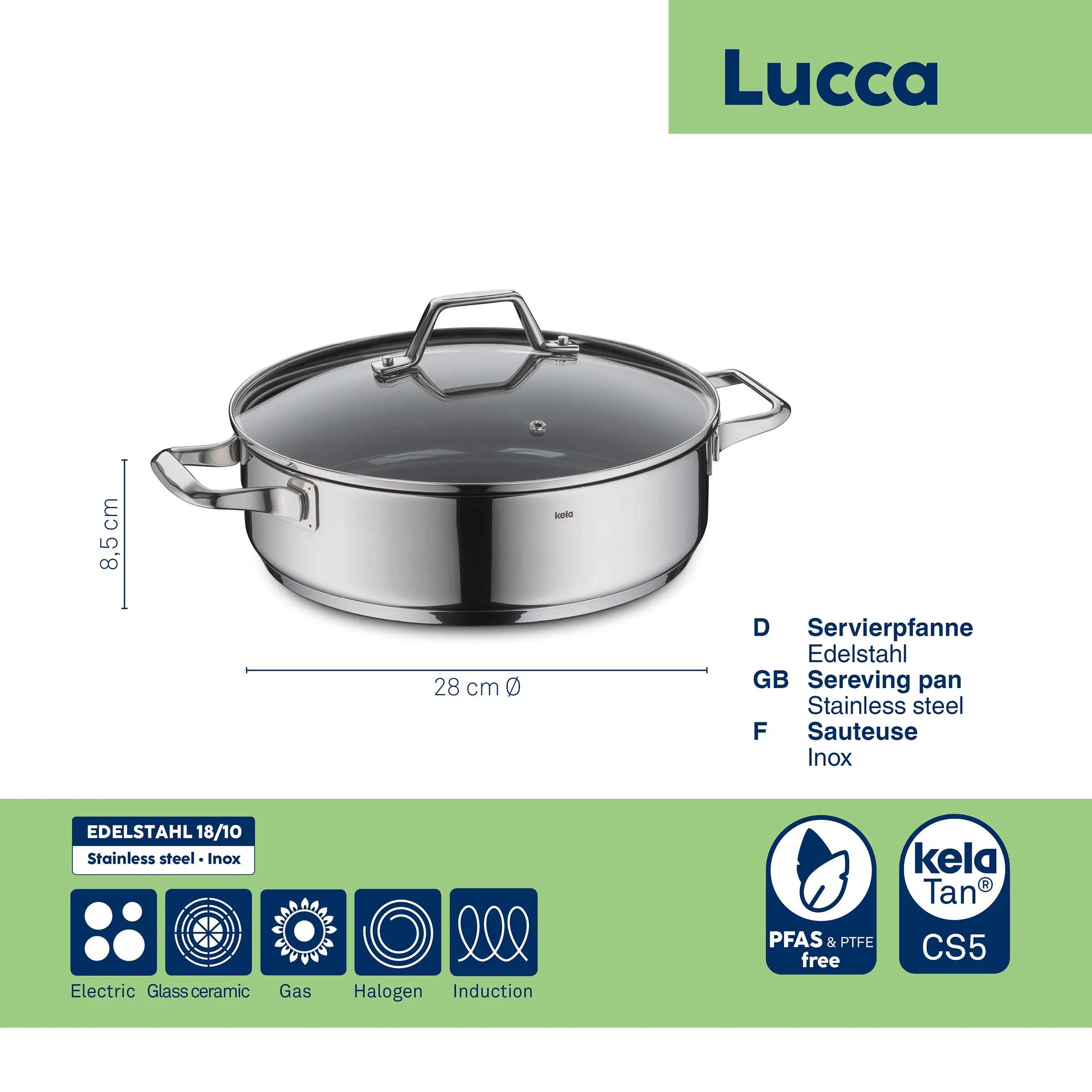 Sauteuse Kela Lucca en inox avec couvercle en verre, diamètre 28 cm, compatible avec toutes plaques dont induction