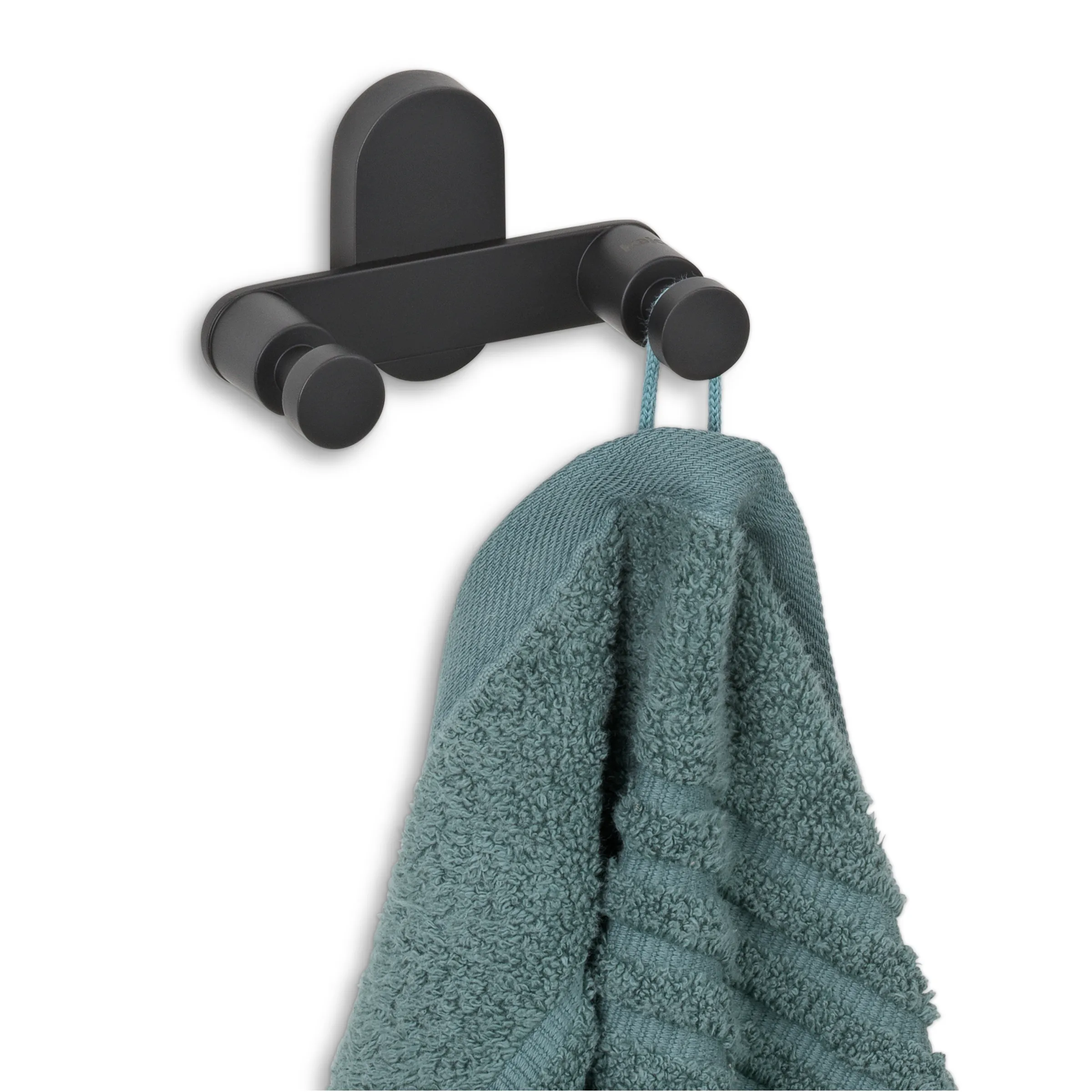 Wandmontierter Handtuchhalter schwarz - Badezimmer Organizer Schwarzer Handtuchhalter an der Wand mit grauem Handtuch, das über den beiden Stangen hängt.