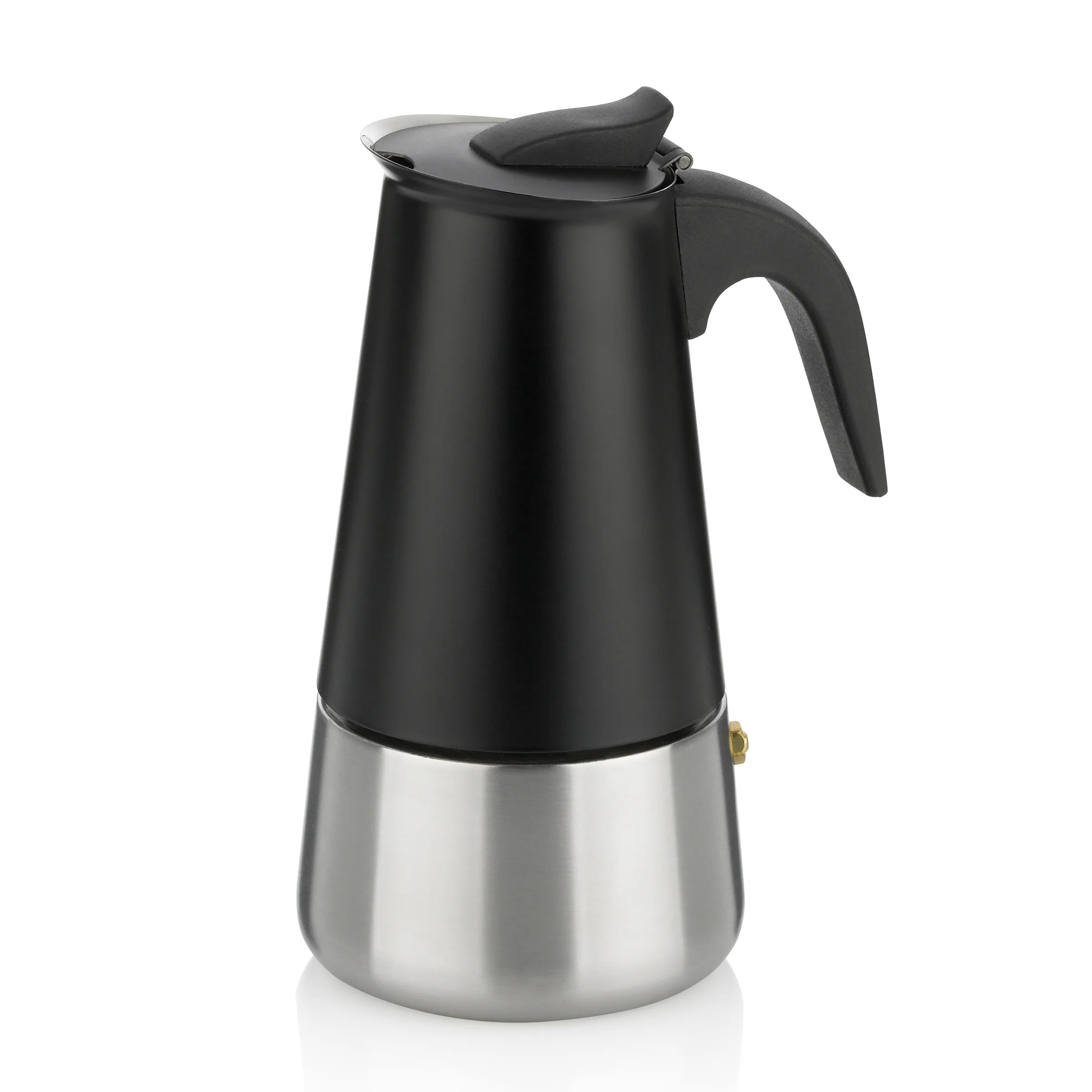 Mokkakanne Espressokanne Edelstahl Schwarze Edelstahl-Mokkakanne mit schwarzem Griff und Deckel auf weißem Hintergrund