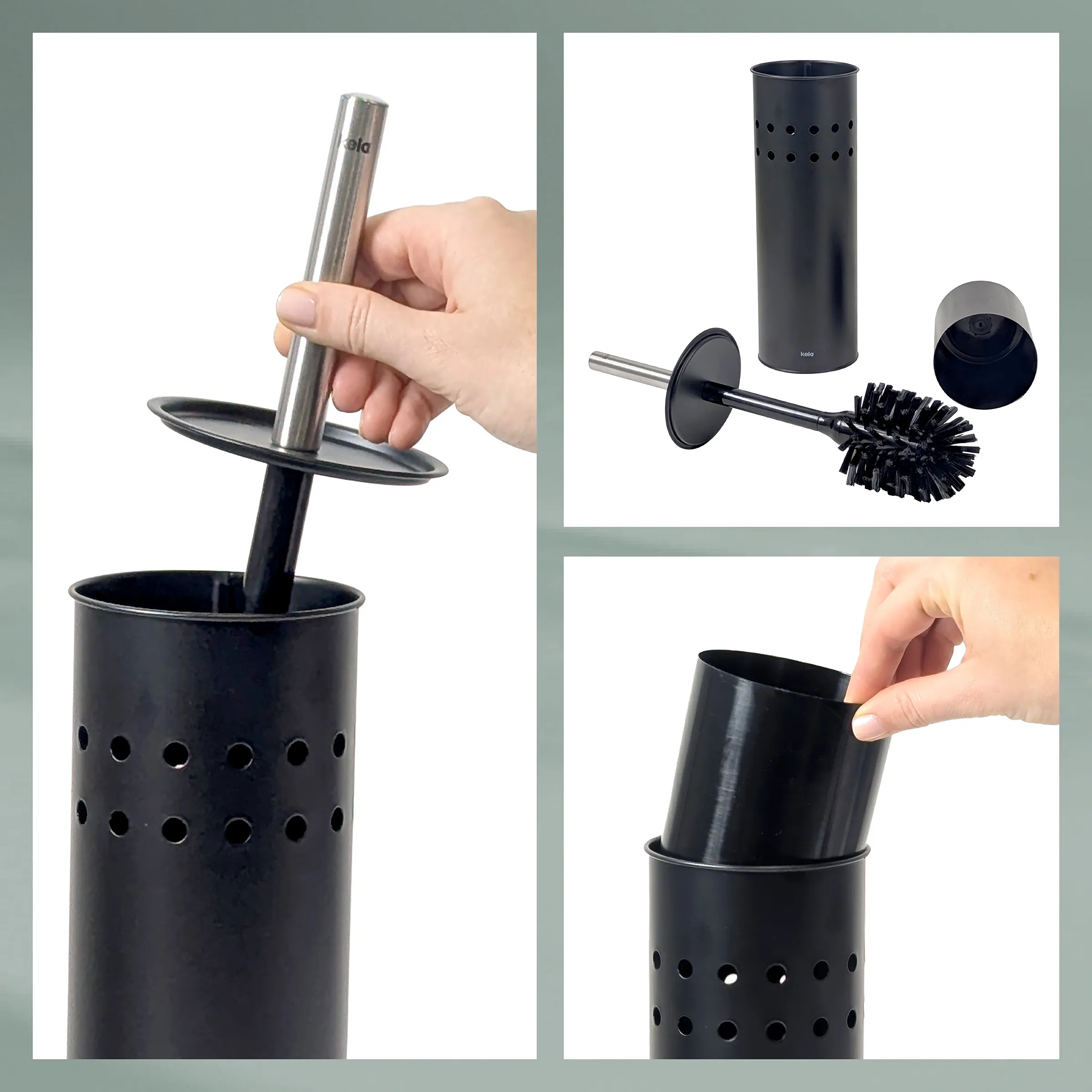 Schwarze Toilettenbürste mit Behälter: Edelstahlgriff, austauschbarer Bürstenkopf und perforierter Behälter mit Ventilationslöchern.