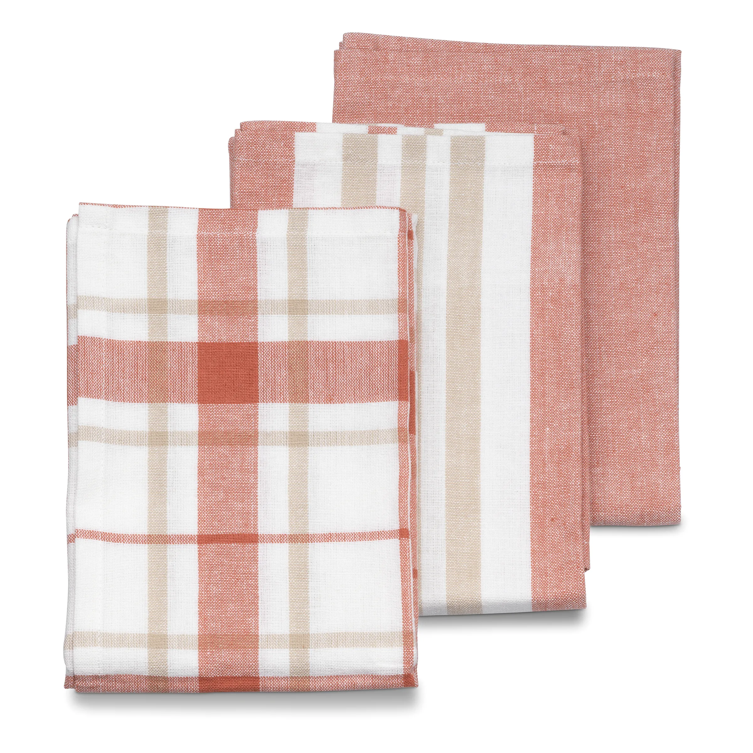 Geschirrtücher Baumwolle kariert und gestreift Rosa Weiß Drei Geschirrtücher aus Baumwolle mit kariertem und gestreiftem Muster in Rosa, Weiß und Beige