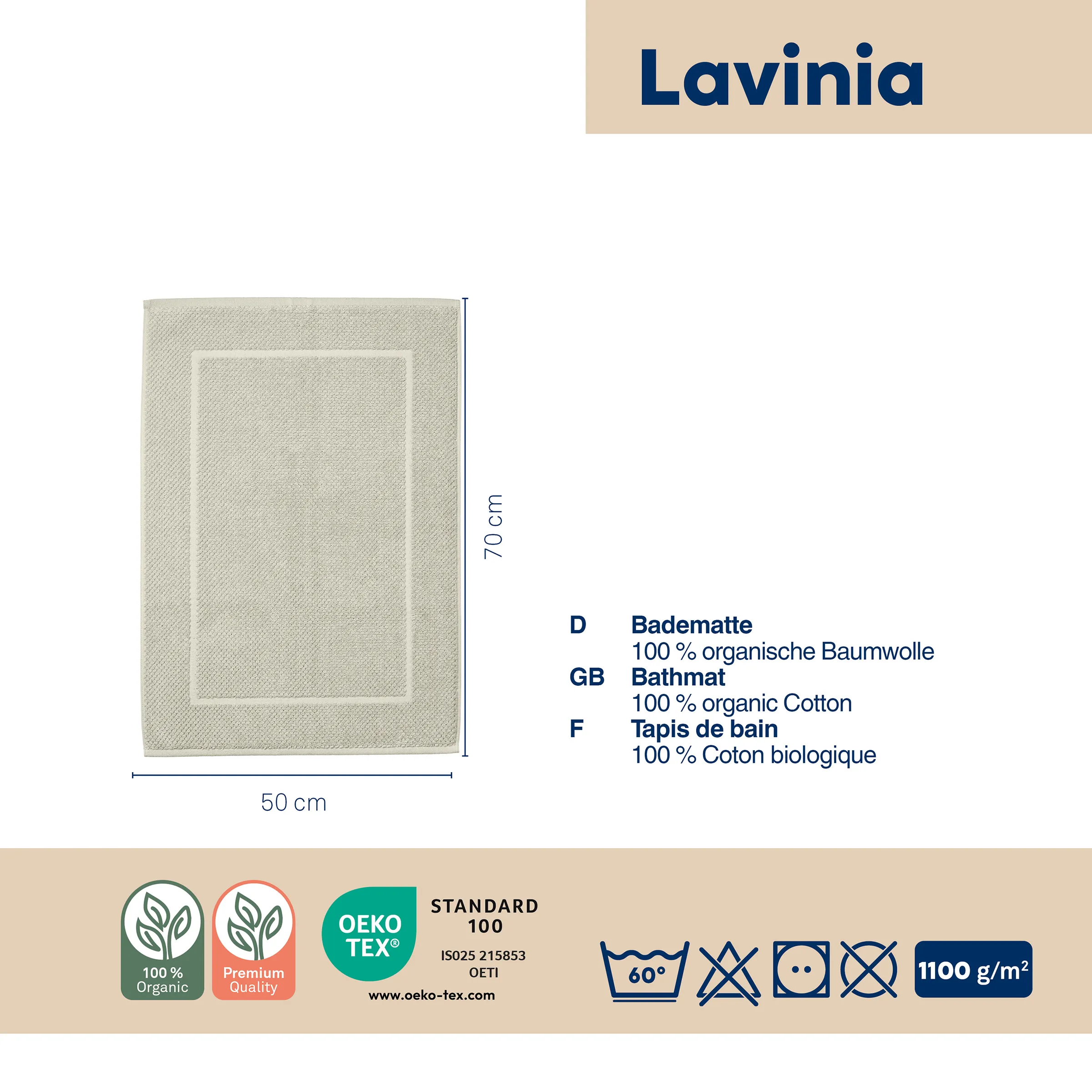 Lavinia Bio-Baumwolle Badematte 50x70cm - OEKO-TEX zertifiziert Lavinia Badematte 50x70 cm aus 100% Bio-Baumwolle in hellem Beige mit Bordüre und OEKO-TEX Zertifizierung