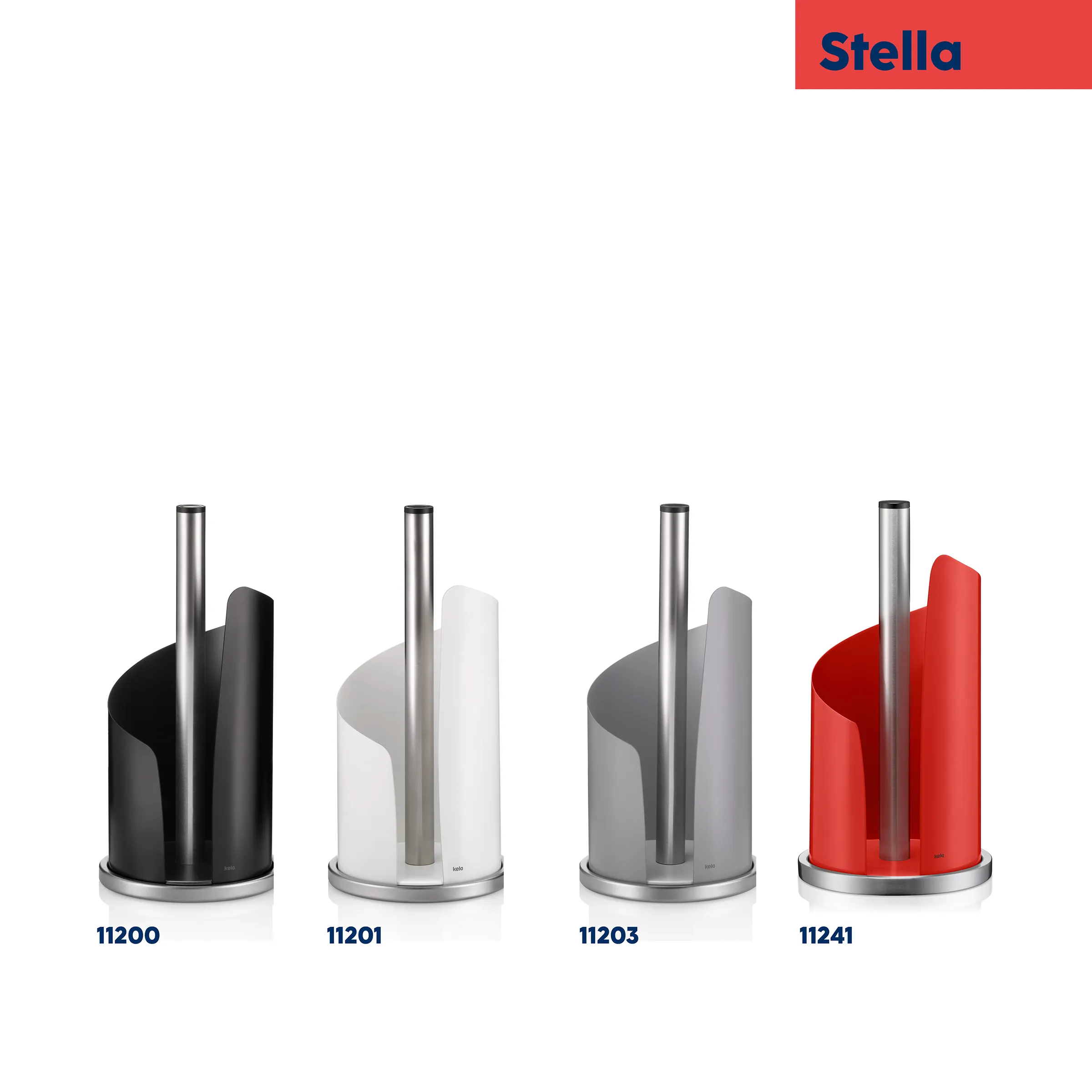 Stella Küchenrollenhalter in vier Farben - Designkollektion Vier Stella Küchenrollenhalter in verschiedenen Farben: Schwarz, Weiß, Grau und Rot mit Edelstahlstangen.
